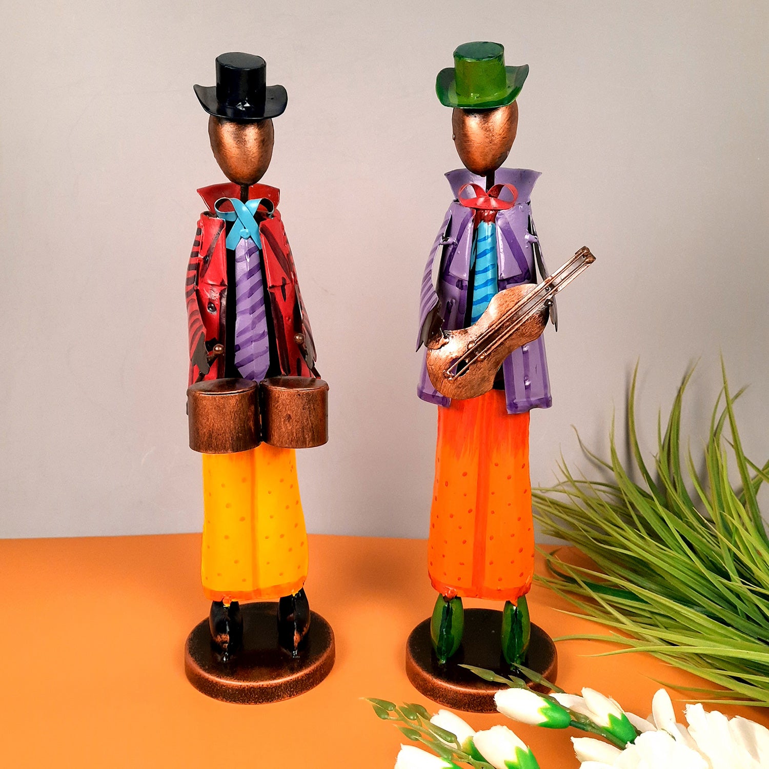 Showpiece Set - Retro Theme Musician Playing Musical Instruments | Decorative Big Figurines - For Home, Table, Living Room & TV Unit Decor & Gifts - 16 Inch (Set of 2) - Apkamart