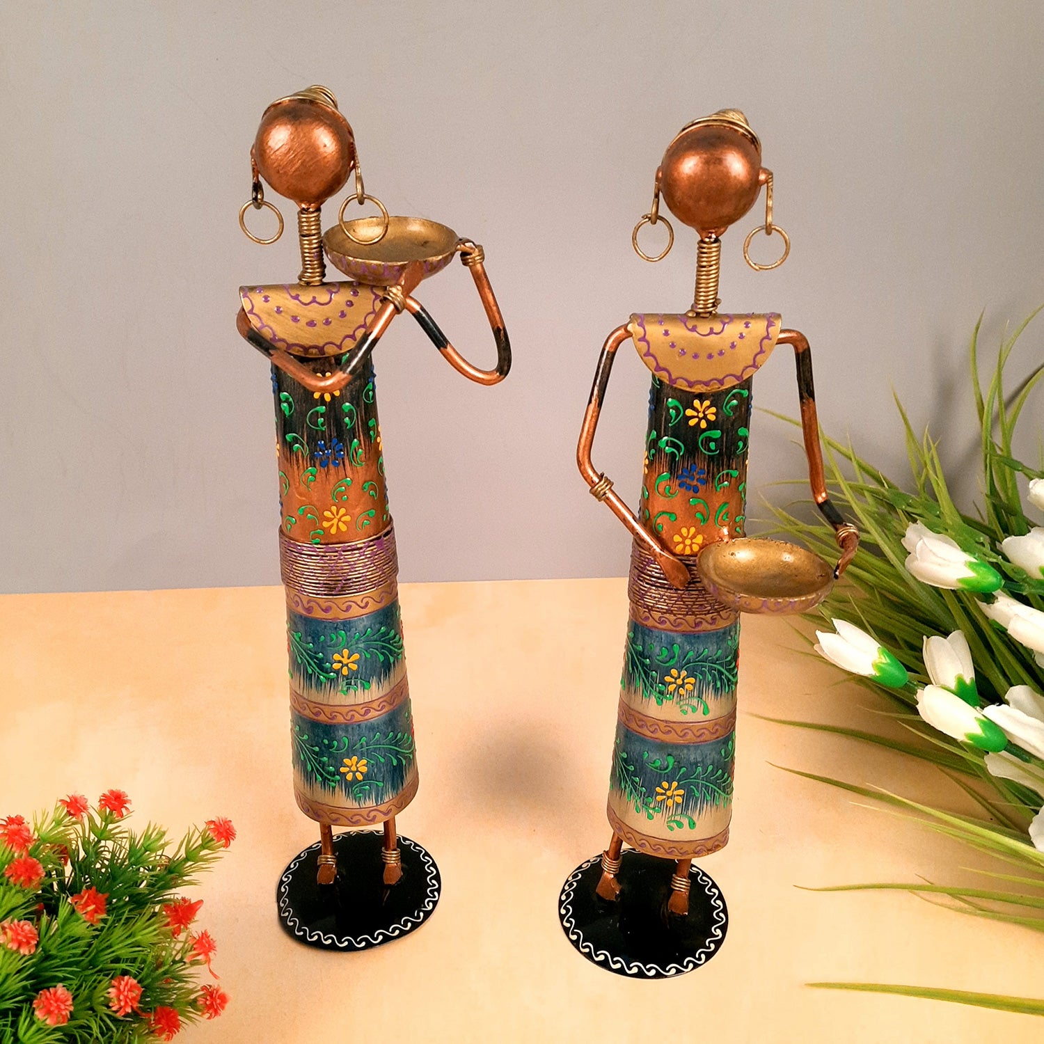 Showpiece Figurines Cum Tea Light Holders - Tribal Worker Design | Decorative Showpieces - for Home, Bedroom, Living Room, Office Desk, Table Decor & Gifts - 15 Inch (Set of 2) - Apkamart
