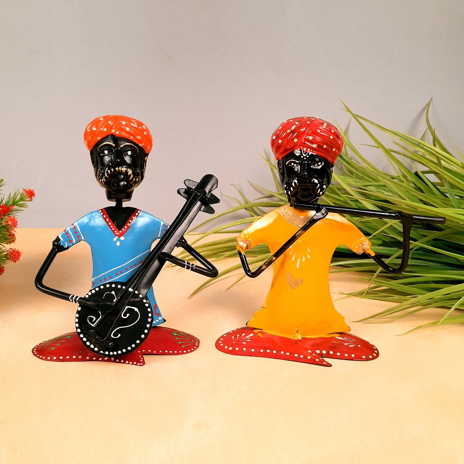 Rajasthani Musicians Figurines | Decorative Showpiece - for Home, Bedroom, Living Room, Office Desk & Table | Gifts For Wedding, Housewarming & Festivals - 7 Inch - Apkamart #Style_Pack of 2