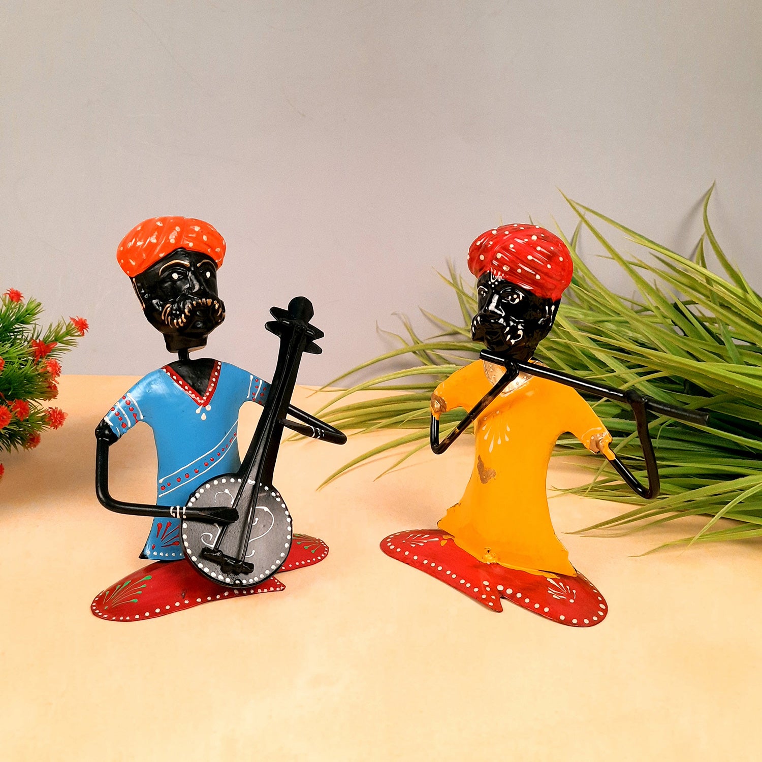 Rajasthani Musicians Figurines | Decorative Showpiece - for Home, Bedroom, Living Room, Office Desk & Table | Gifts For Wedding, Housewarming & Festivals - 7 Inch - Apkamart #Style_Pack of 2