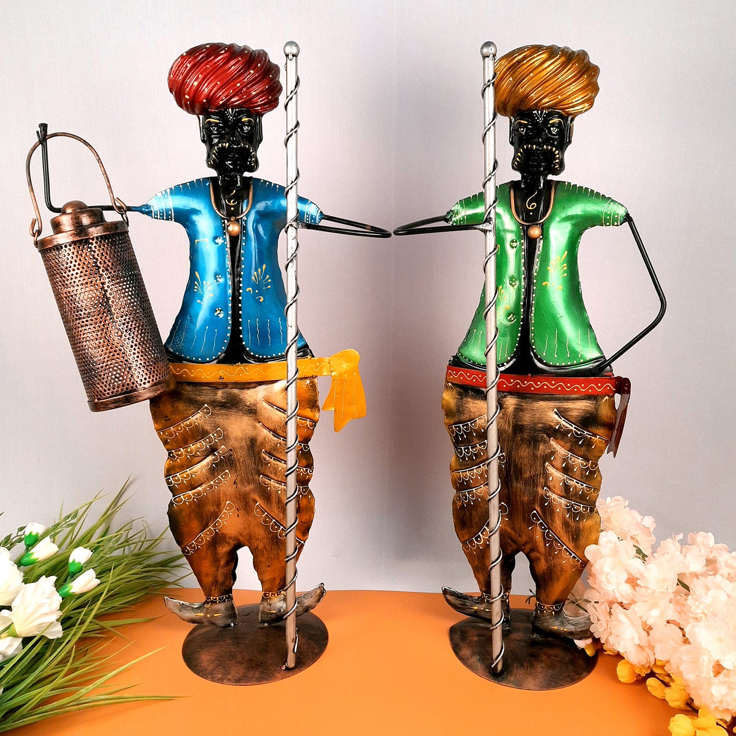 Rajasthani Darban Showpiece Set - Holding Lantern & Stick | Big Darbaan Wearing Pagdi Figurines - For Home, Living Room, Entrance, Corner Decor & Gifts - 28 Inch (Set of 2) - Apkamart