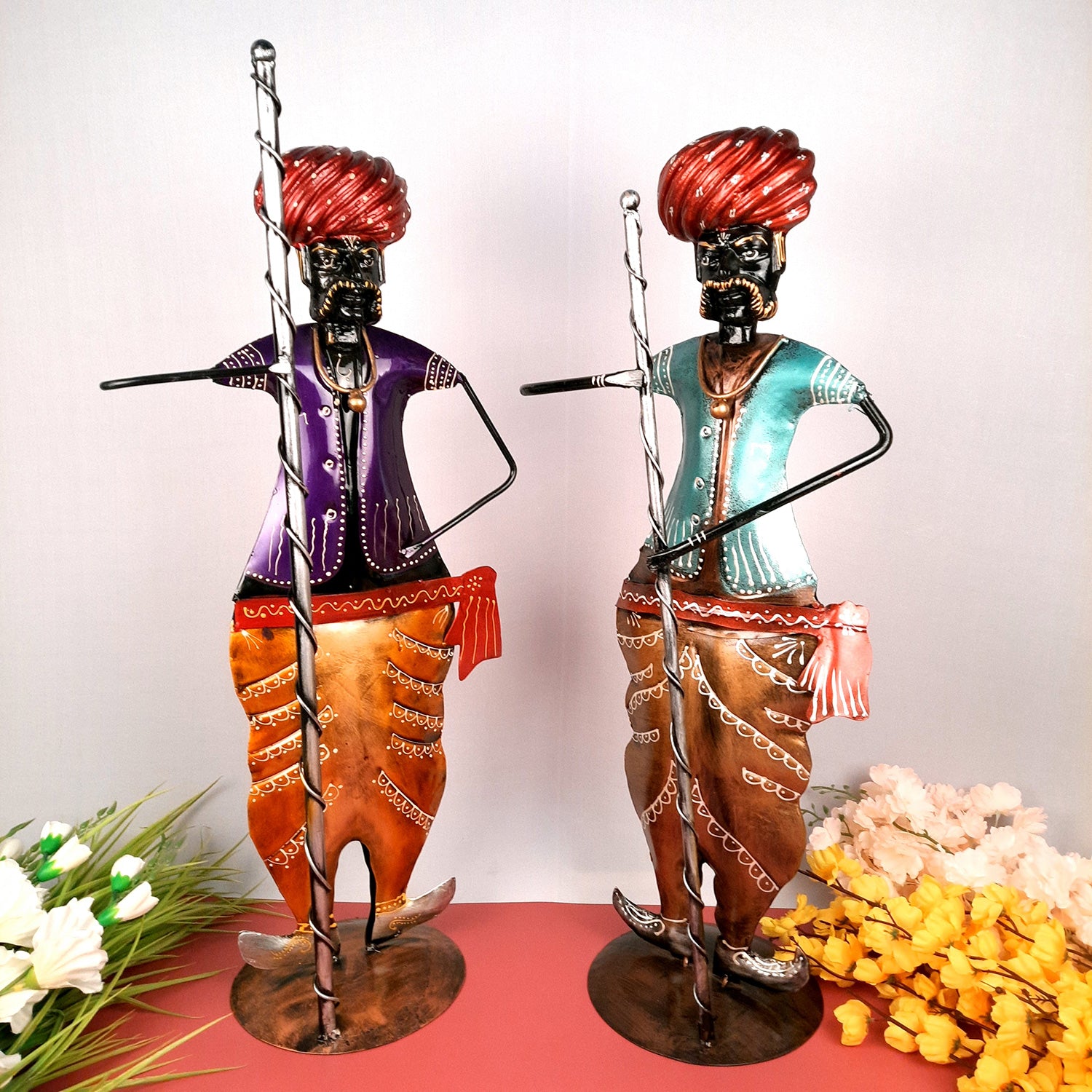 Showpiece Figurine - Darbaan Set | Rajasthani Guard / Village man With Stick | Decorative Showpieces - for Home, Entryway, Living Room, Table Decor & Gifts - 28 Inch (Set of 2) - Apkamart