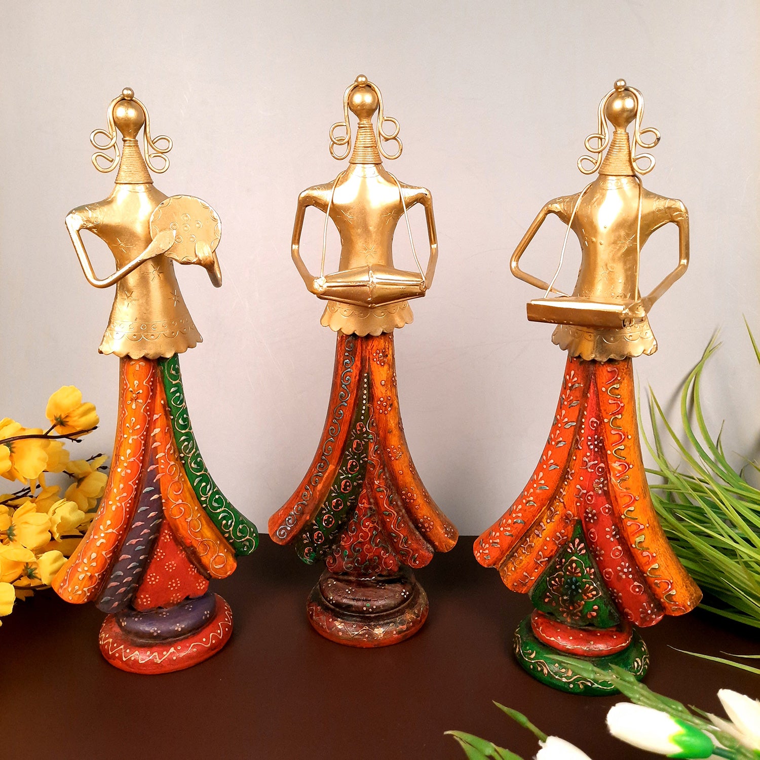 Showpiece Folk Musician Ladies | Handicraft Figurines - For Table, Living Room, Bedroom & TV Unit| Show Piece For Office Desk & Gifts - 13 Inch (Set of 3) - Apkamart