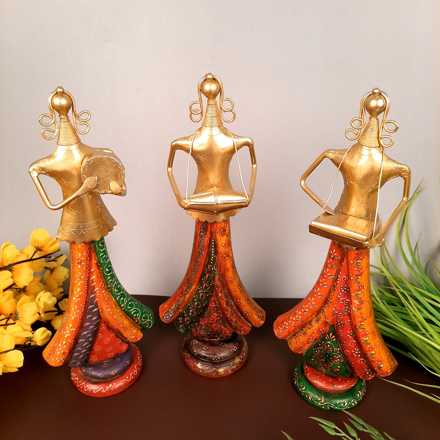 Showpiece Folk Musician Ladies | Handicraft Figurines - For Table, Living Room, Bedroom & TV Unit| Show Piece For Office Desk & Gifts - 13 Inch (Set of 3) - Apkamart