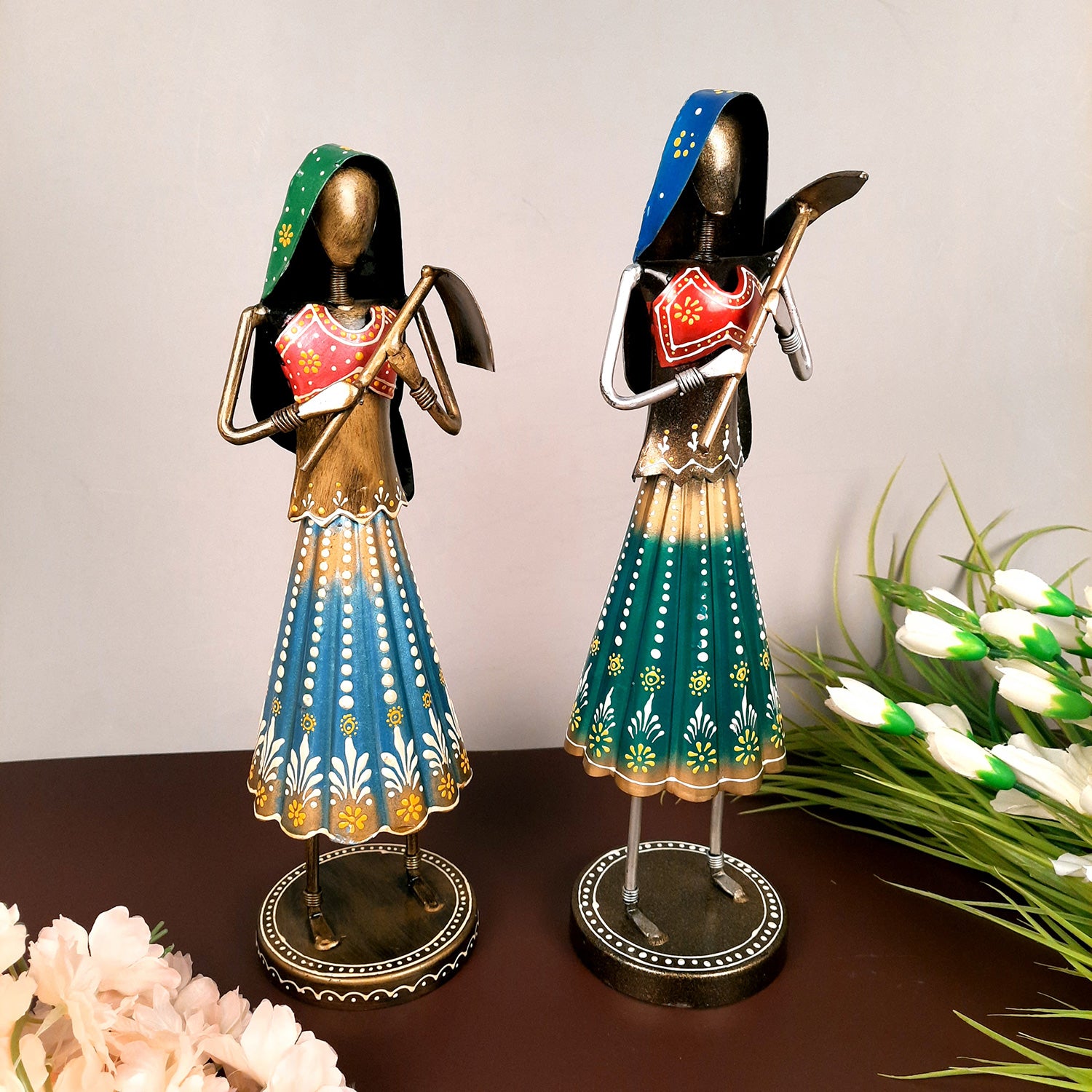 Showpiece Village Worker Ladies | Artifacts for Home, Table, Living Room, TV Unit & Bedroom Decor | Decorative Show piece for Office Desk & Gifts - 15 Inch (Set of 2) - Apkamart