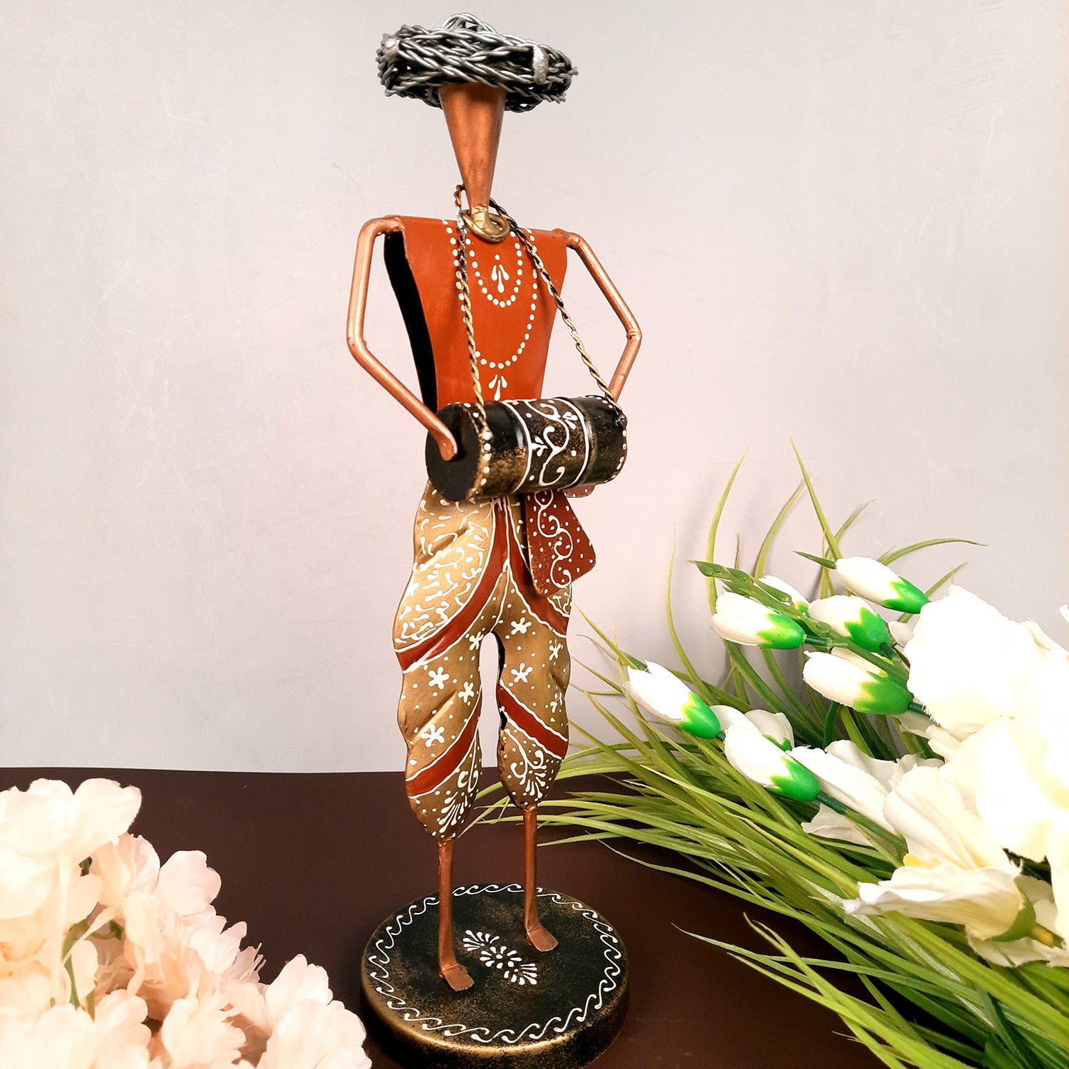 Showpiece Musician Playing Dholak | Decorative Figurine - For Home, Table, Living Room & TV Unit | Show Piece For Office Desk & Gifts - 13 Inch - Apkamart