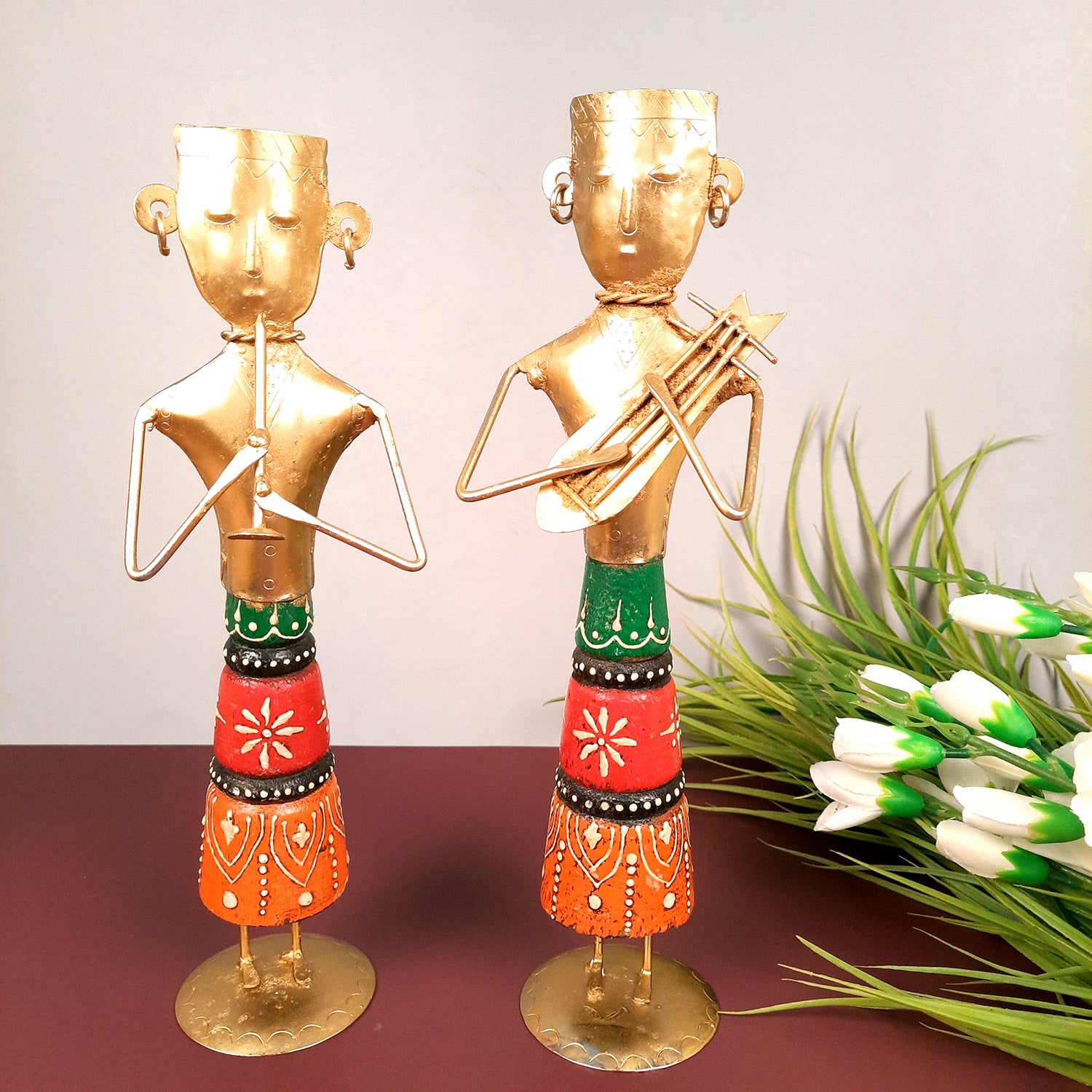 Tribal Musicians Figurines - for Home, Bedroom, Living Room, Office Desk, Table Decor & Gifts - 12 Inch (Set of 2)