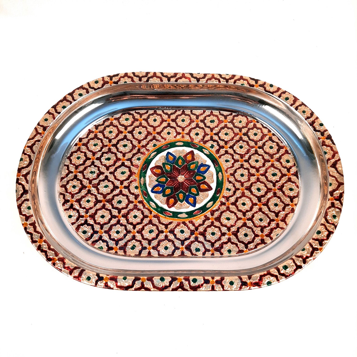Serving Trays For Tea, Coffee & Snacks | Steel Tray | Multipurpose Decorative Tray & Platters - For Home, Dining Table Organization, Kitchen & Gifts - 15 Inch