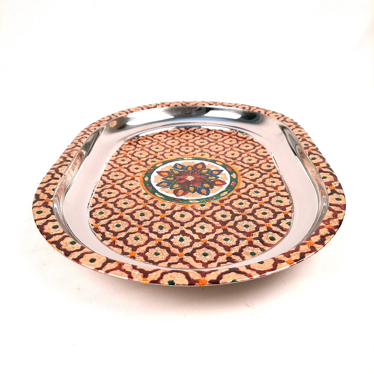 Serving Trays For Tea, Coffee & Snacks | Steel Tray | Multipurpose Decorative Tray & Platters - For Home, Dining Table Organization, Kitchen & Gifts - 15 Inch