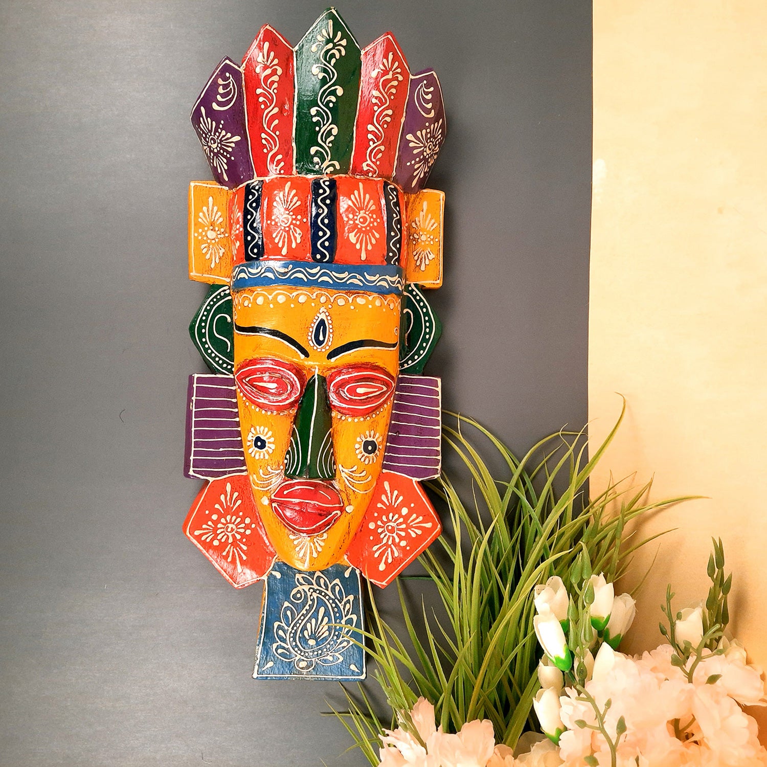 Tribal Wall Masks Tall | African Egyptian Hangings for Home Entrance & Living Room | Nazar Battu Hanging - for House, Door, Hallway, Balcony Decoration - 20 Inch - Apkamart #Color_Yellow