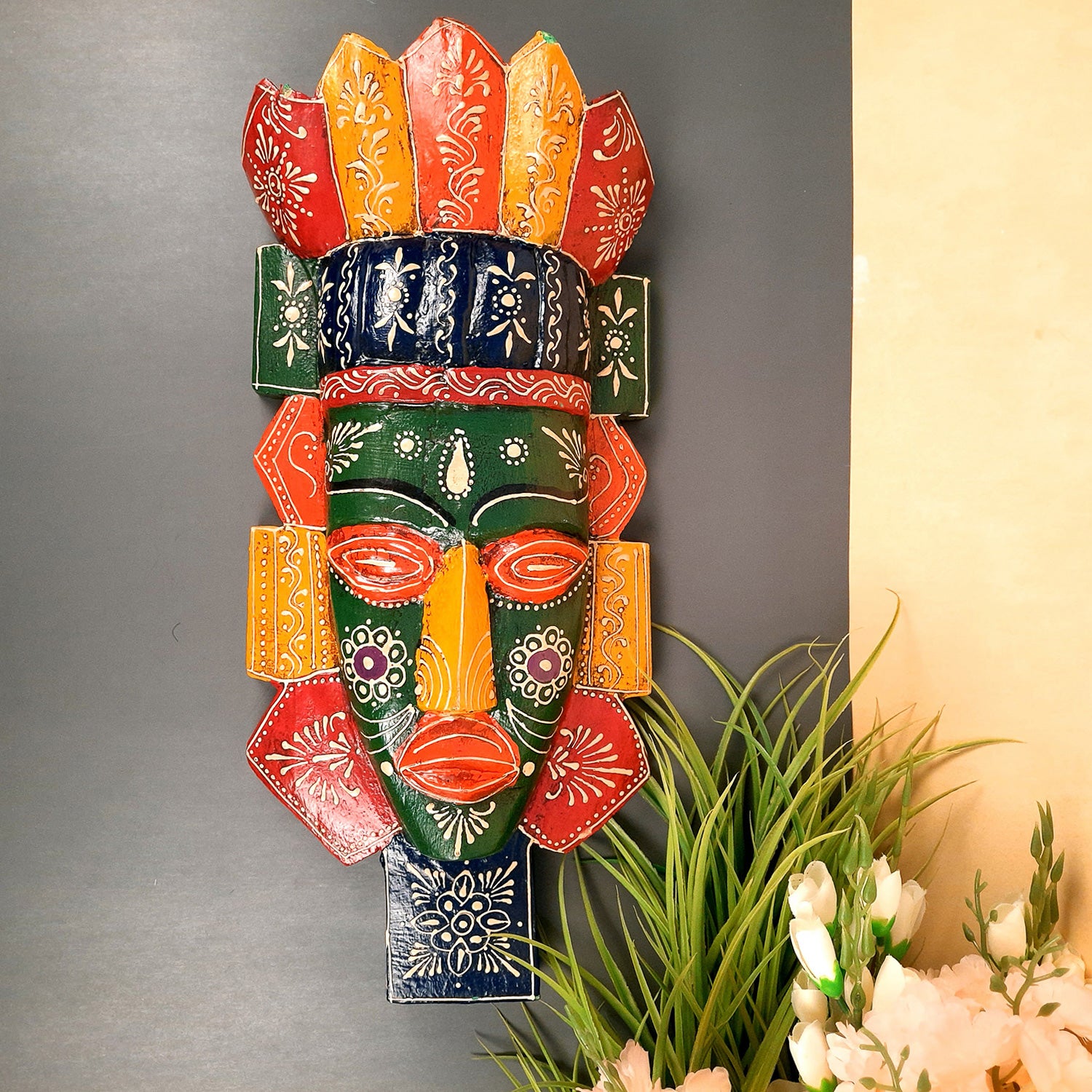 Tribal Wall Masks Tall | African Egyptian Hangings for Home Entrance & Living Room | Nazar Battu Hanging - for House, Door, Hallway, Balcony Decoration - 20 Inch - Apkamart #Color_Green