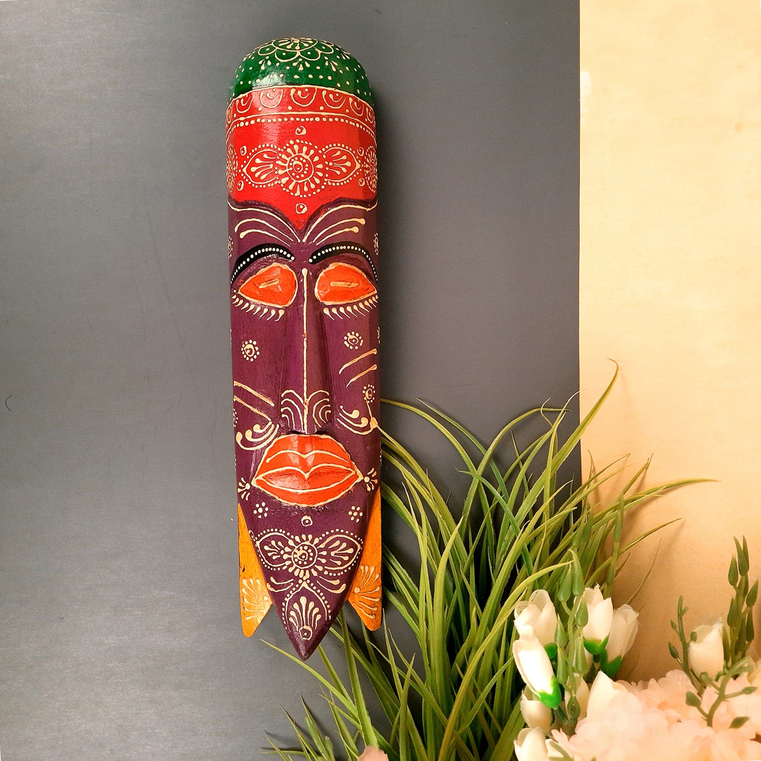 African Egyptian Face Wall Mask Hanging | Nazar Battu | Long Tribal Masks for Home Entrance & Living Room | Wooden Mask hangings for House, Door, Hall-Way, Balcony Decoration -15 Inch - Apkamart #Color_Purple