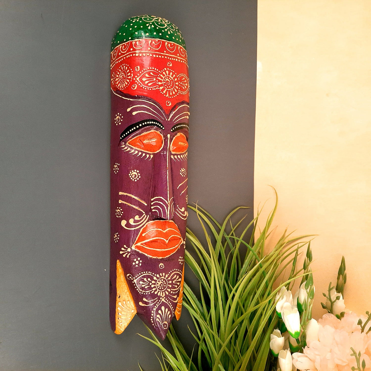 African Egyptian Face Wall Mask Hanging | Nazar Battu | Long Tribal Masks for Home Entrance & Living Room | Wooden Mask hangings for House, Door, Hall-Way, Balcony Decoration -15 Inch - Apkamart #Color_Purple