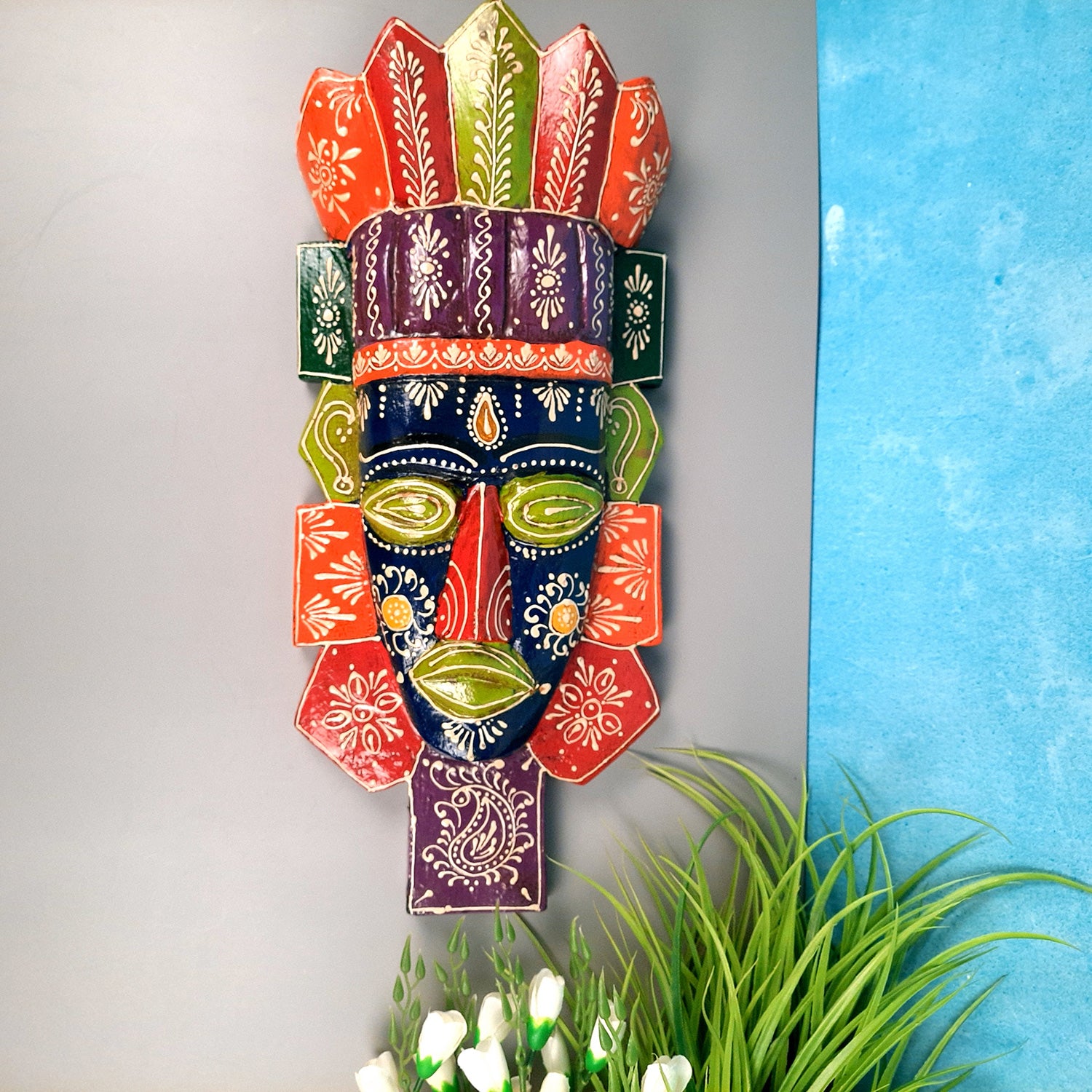 Tribal Wall Masks Tall | African Egyptian Hangings for Home Entrance & Living Room | Nazar Battu Hanging - for House, Door, Hallway, Balcony Decoration - 20 Inch - Apkamart #Color_Blue