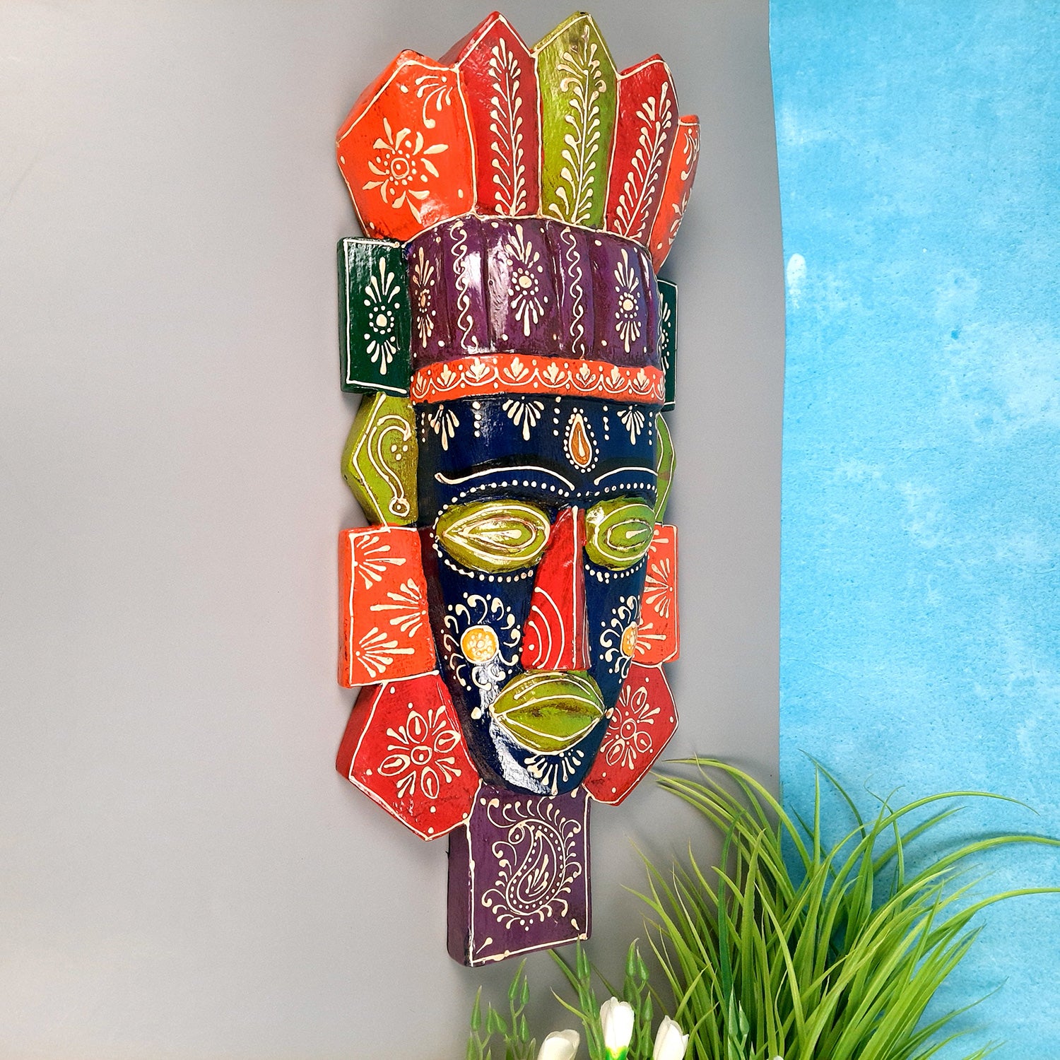 Tribal Wall Masks Tall | African Egyptian Hangings for Home Entrance & Living Room | Nazar Battu Hanging - for House, Door, Hallway, Balcony Decoration - 20 Inch - Apkamart #Color_Blue