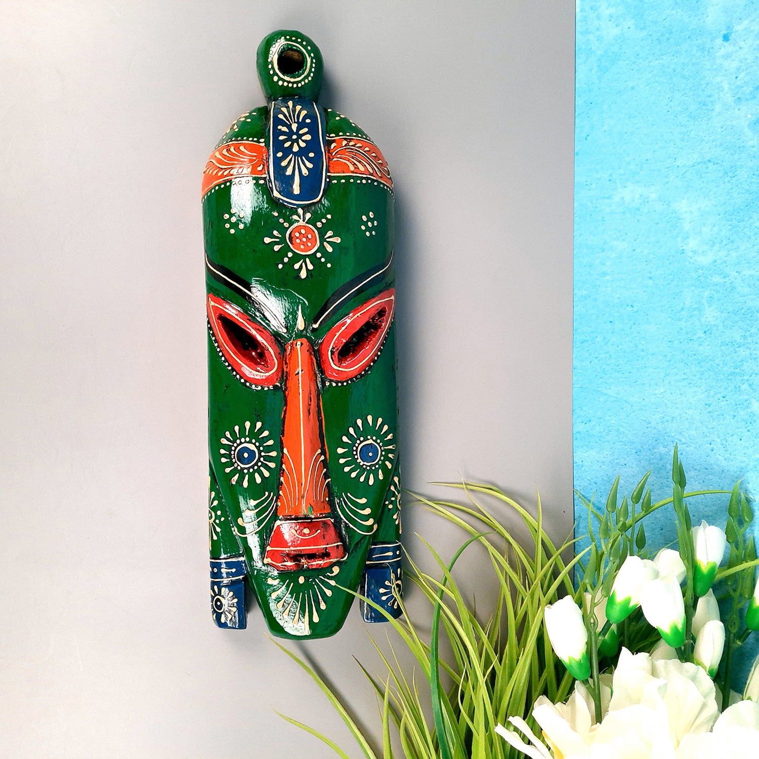 Tribal Wall Masks Tall | African Egyptian Hangings for Home Entrance & Living Room | Nazar Battu Hanging - for House, Door, Hallway, Balcony Decoration - 15 Inch - Apkamart