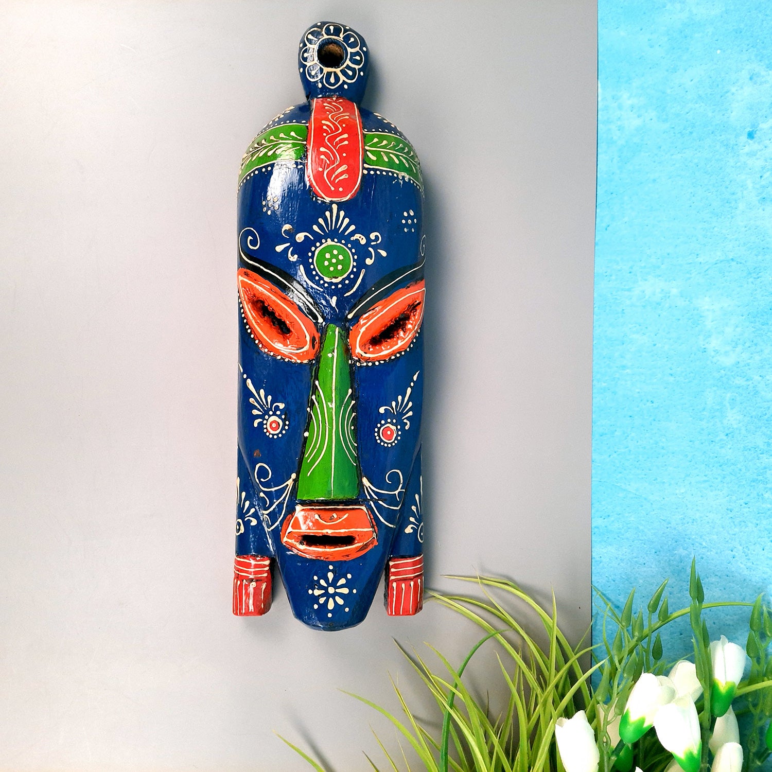 Nazar Battu Wall Mask | Tribal Face Masks Hanging |Long African Egyptian Wooden Faces Hangings - for Home Entrance, Living Room, Door Decor, Hall-Way, Balcony Decoration & Gift - 15 Inch - Apkamart #Color_Blue