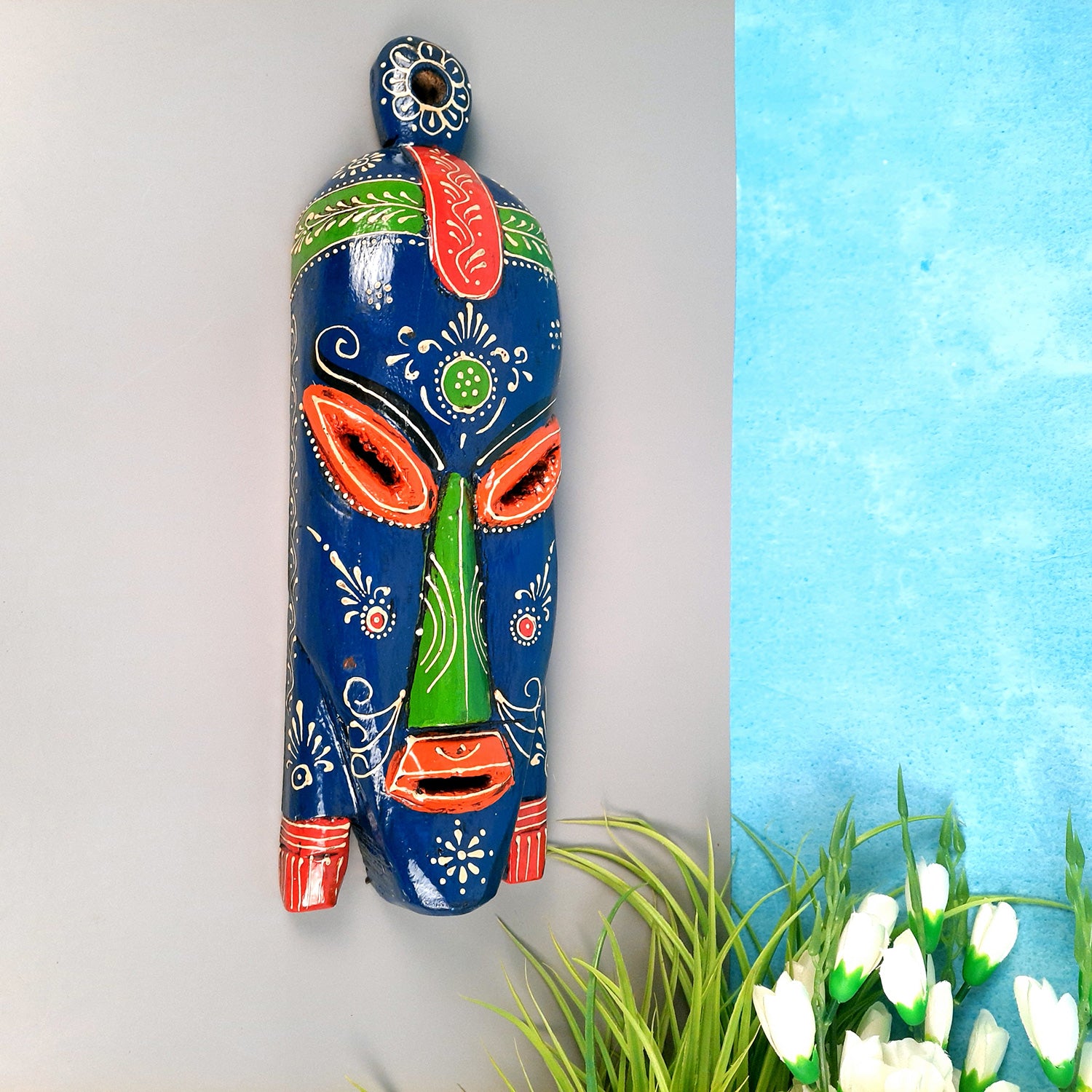 Nazar Battu Wall Mask | Tribal Face Masks Hanging |Long African Egyptian Wooden Faces Hangings - for Home Entrance, Living Room, Door Decor, Hall-Way, Balcony Decoration & Gift - 15 Inch - Apkamart #Color_Blue