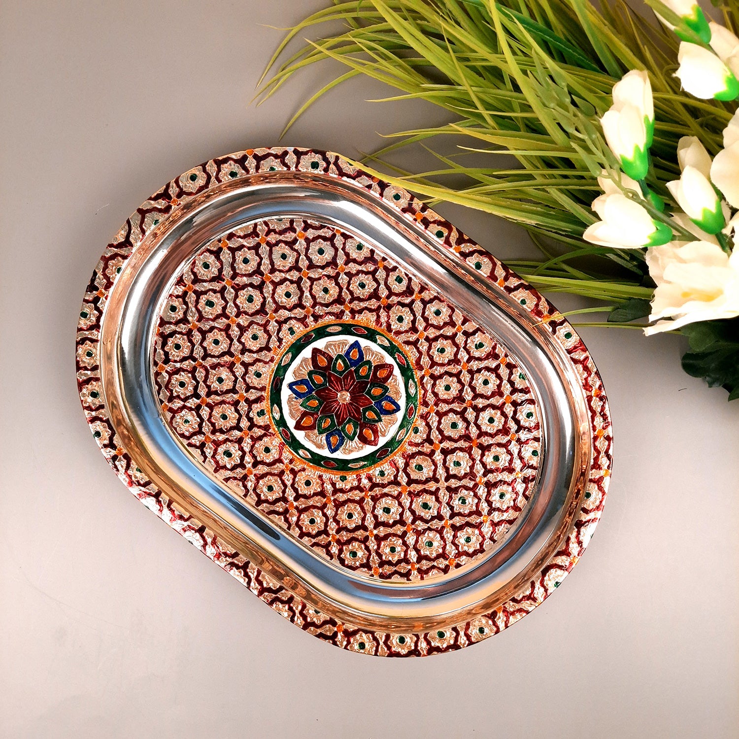 Serving Trays For Tea, Coffee & Snacks | Steel Tray | Multipurpose Decorative Tray & Platters - For Home, Dining Table Organization, Kitchen & Gifts - 15 Inch