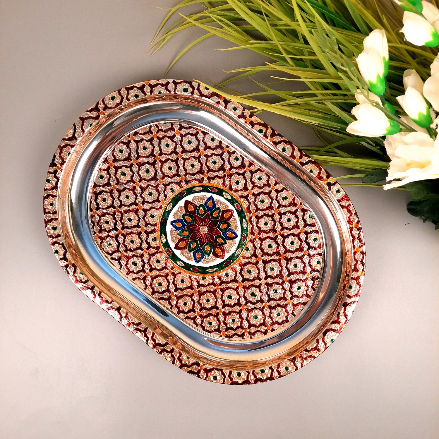 Serving Trays For Tea, Coffee & Snacks | Steel Tray | Multipurpose Decorative Tray & Platters - For Home, Dining Table Organization, Kitchen & Gifts - 15 Inch