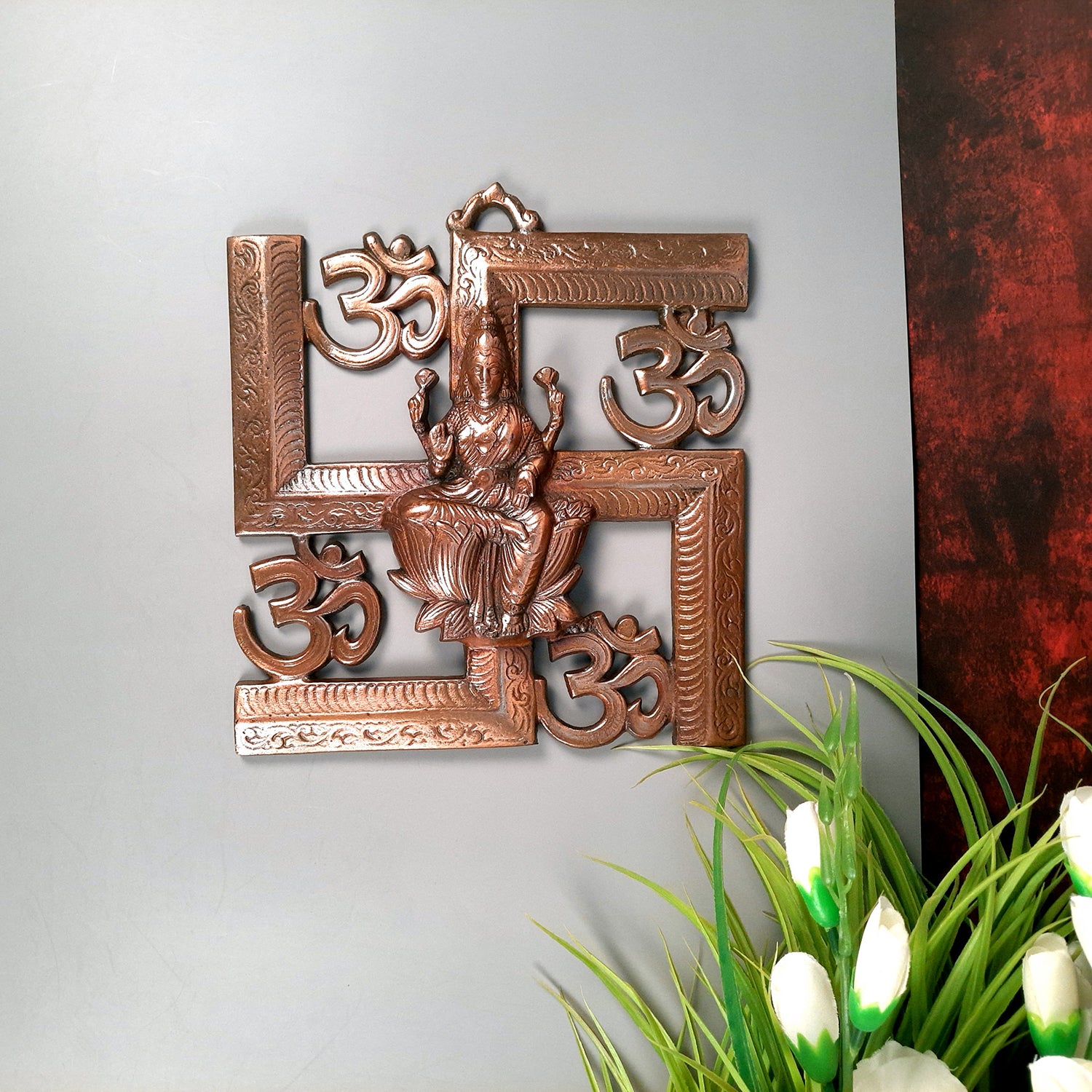 Lakshmi Wall Hanging | Goddess Laxmi Sitting On Lotus With Swastik Design Wall Statue Decor | Religoius & Spiritual Wall Art - For Diwali, Puja, Home & Entrance Living Room & Gift - 10 Inch - Apkamart