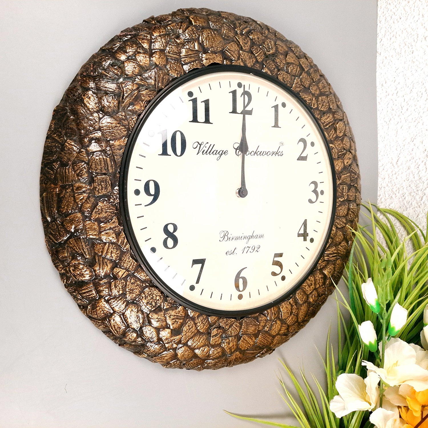 Wall Clock for Home | Wall Mount Analog Big Watch With Antique Brass Work - For Living Room, Bedroom, Hall, Office Decor & Gift - Apkamart