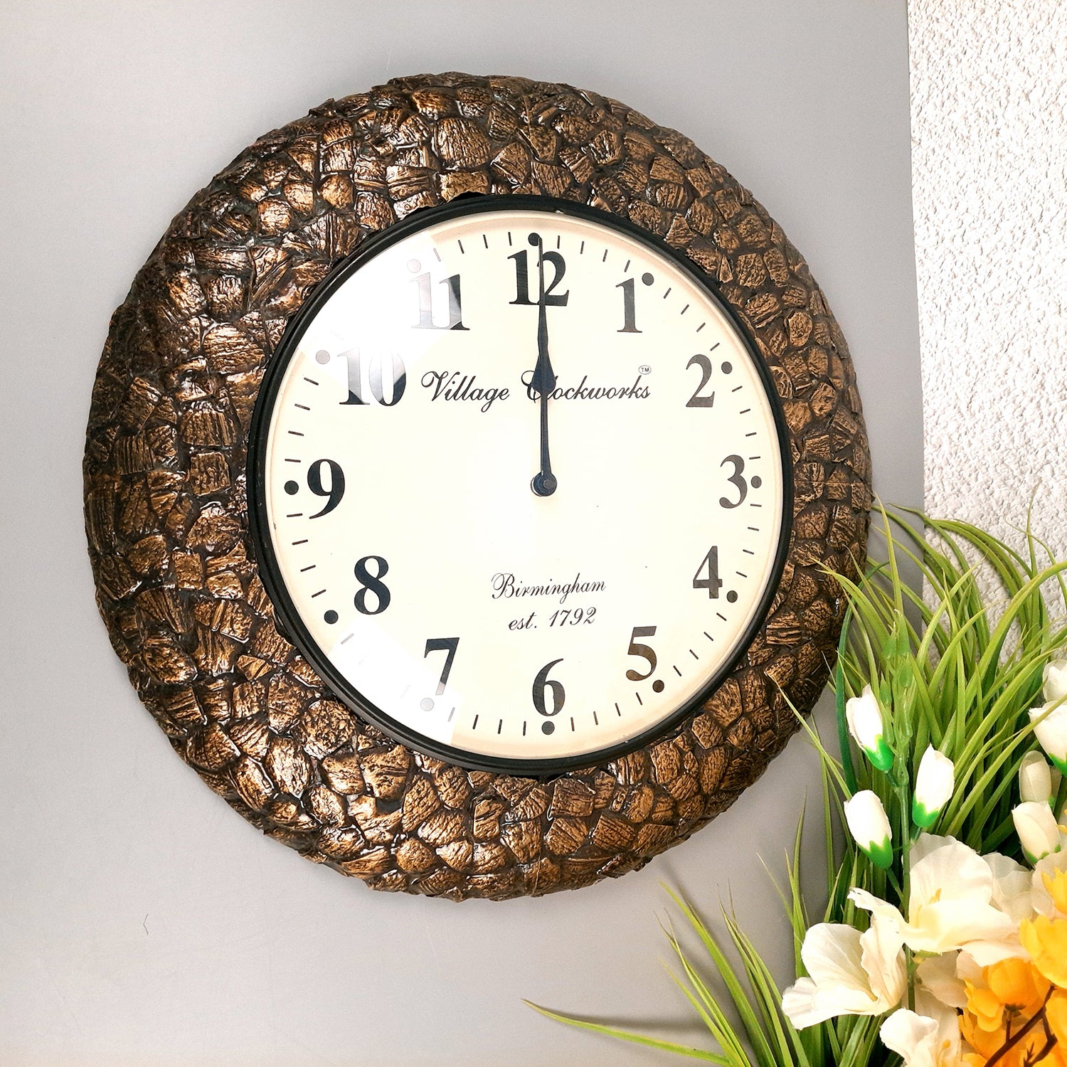 Wall Clock for Home | Wall Mount Analog Big Watch With Antique Brass Work - For Living Room, Bedroom, Hall, Office Decor & Gift - Apkamart
