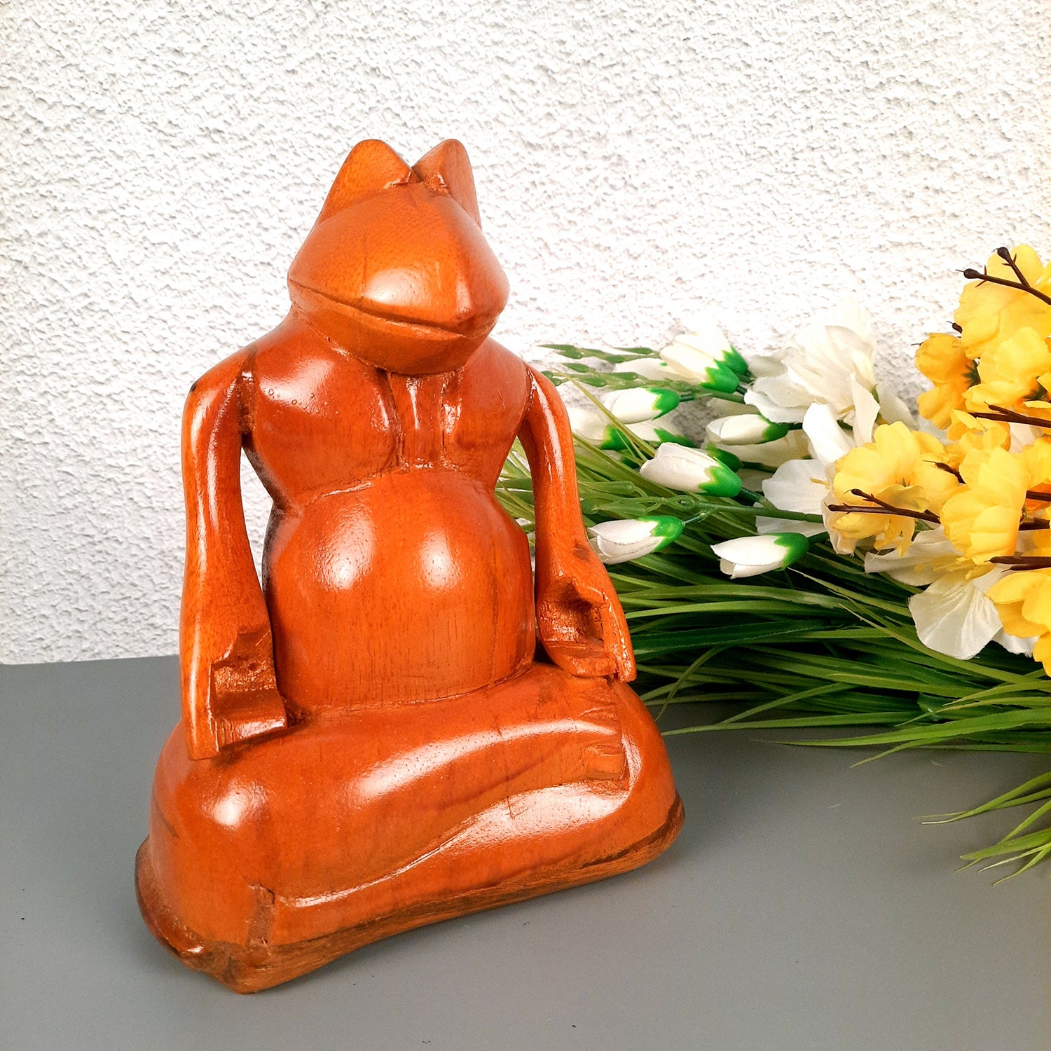 Meditating Frog Showpiece | wooden Animal Figurines - For Home, Table, Living Room, Office Desk Decor & Gifts - 10 Inch - Apkamart