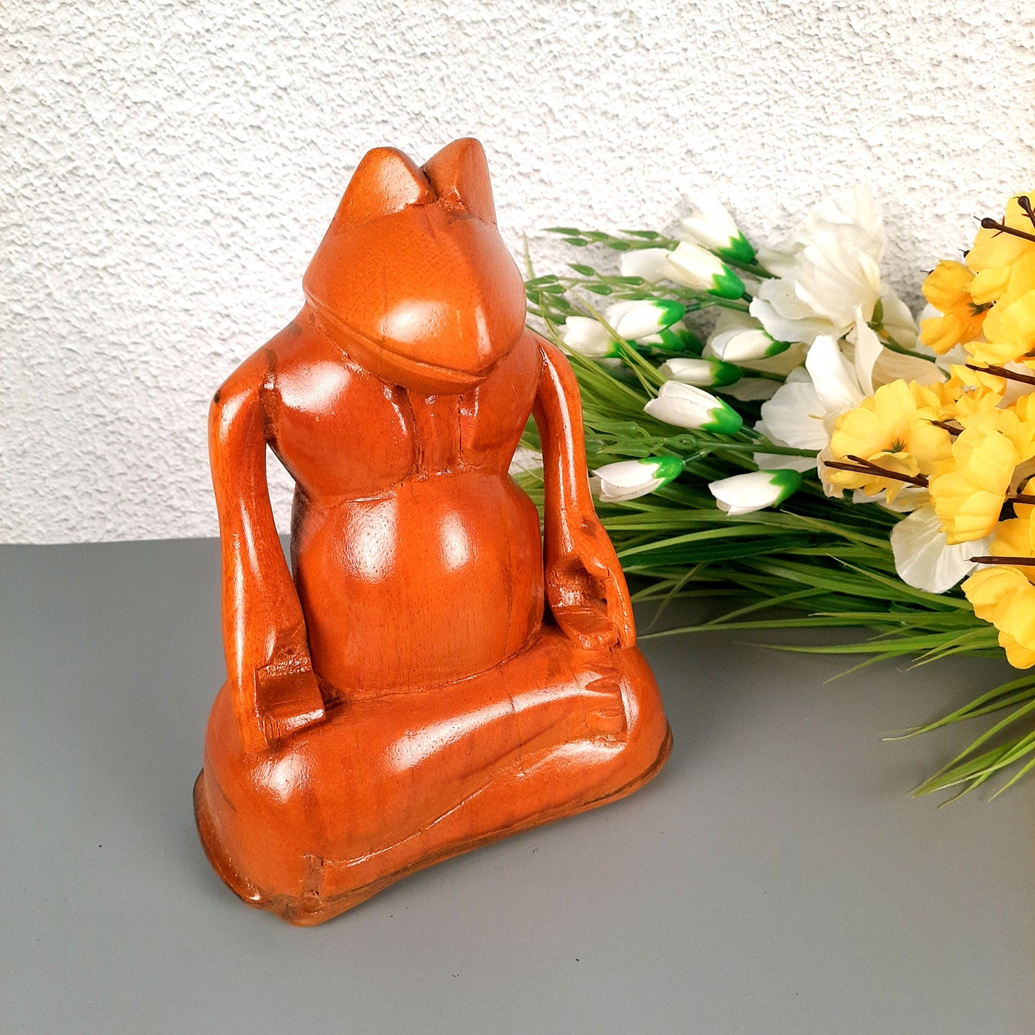 Meditating Frog Showpiece | wooden Animal Figurines - For Home, Table, Living Room, Office Desk Decor & Gifts - 10 Inch - Apkamart