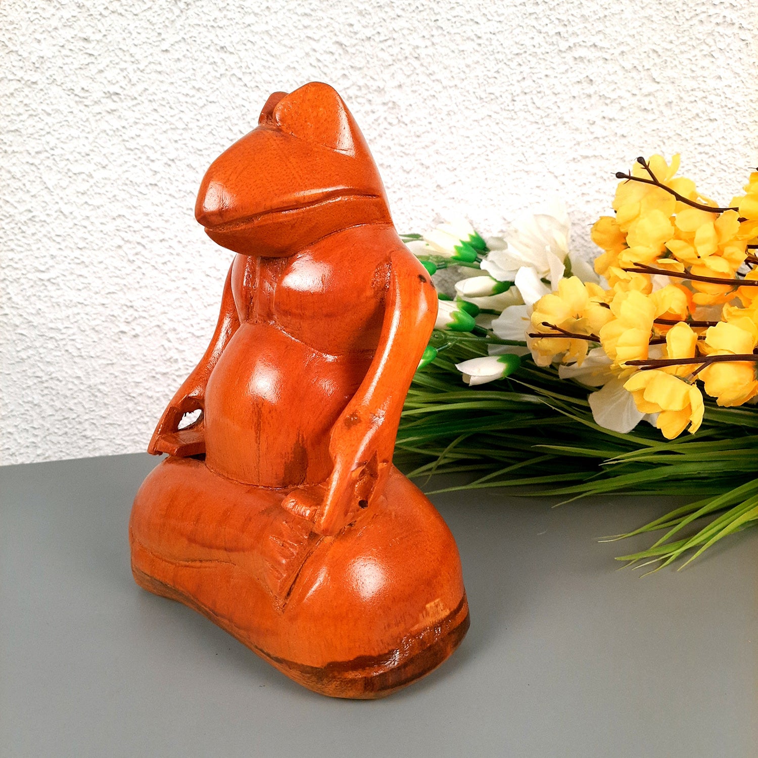 Meditating Frog Showpiece | wooden Animal Figurines - For Home, Table, Living Room, Office Desk Decor & Gifts - 10 Inch - Apkamart