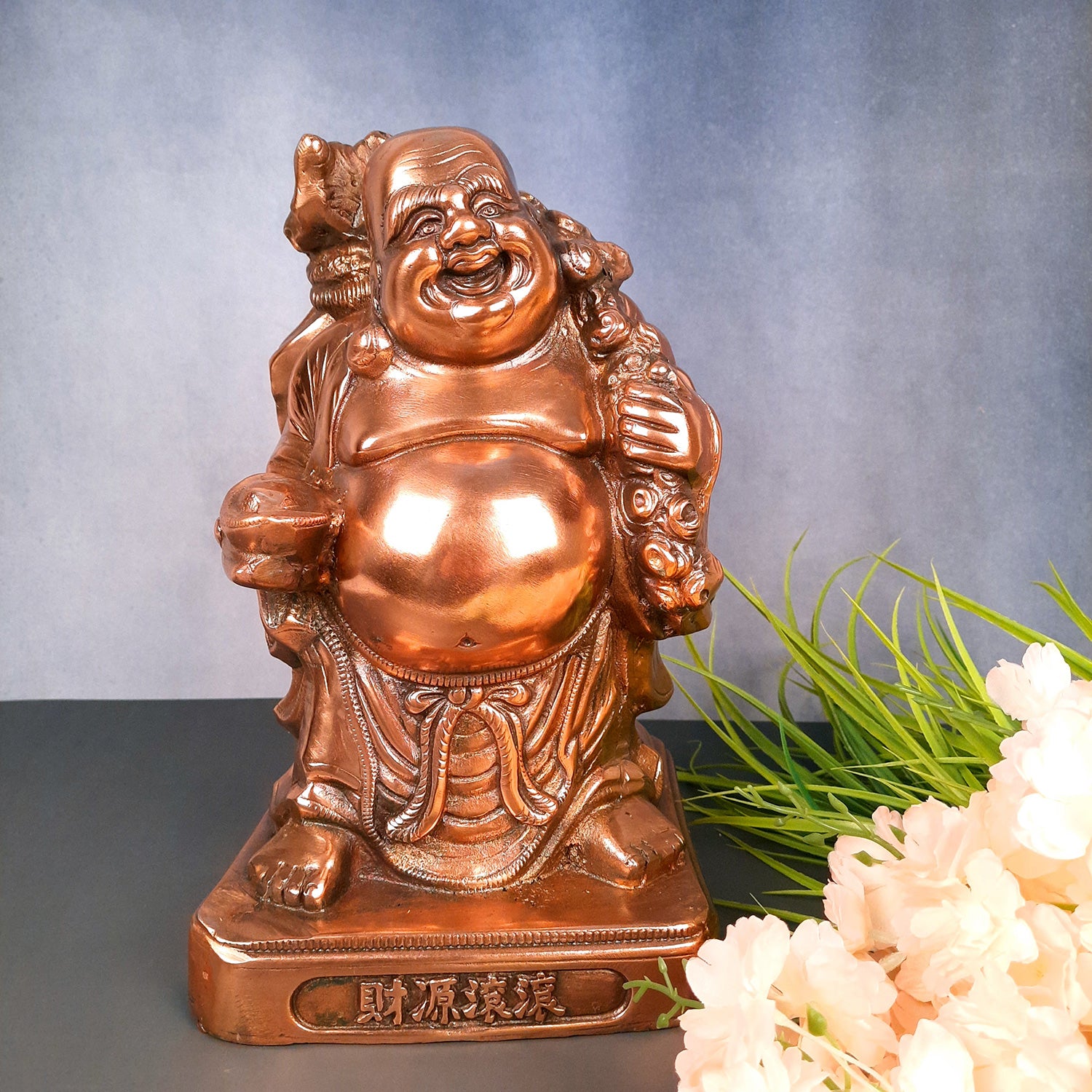 Laughing Buddha Statue | Child Monk Showpiece with Money Bag for Wealth | For Good Luck, Home, Table & Office Decor & Gift - 13 Inch - Apkamart