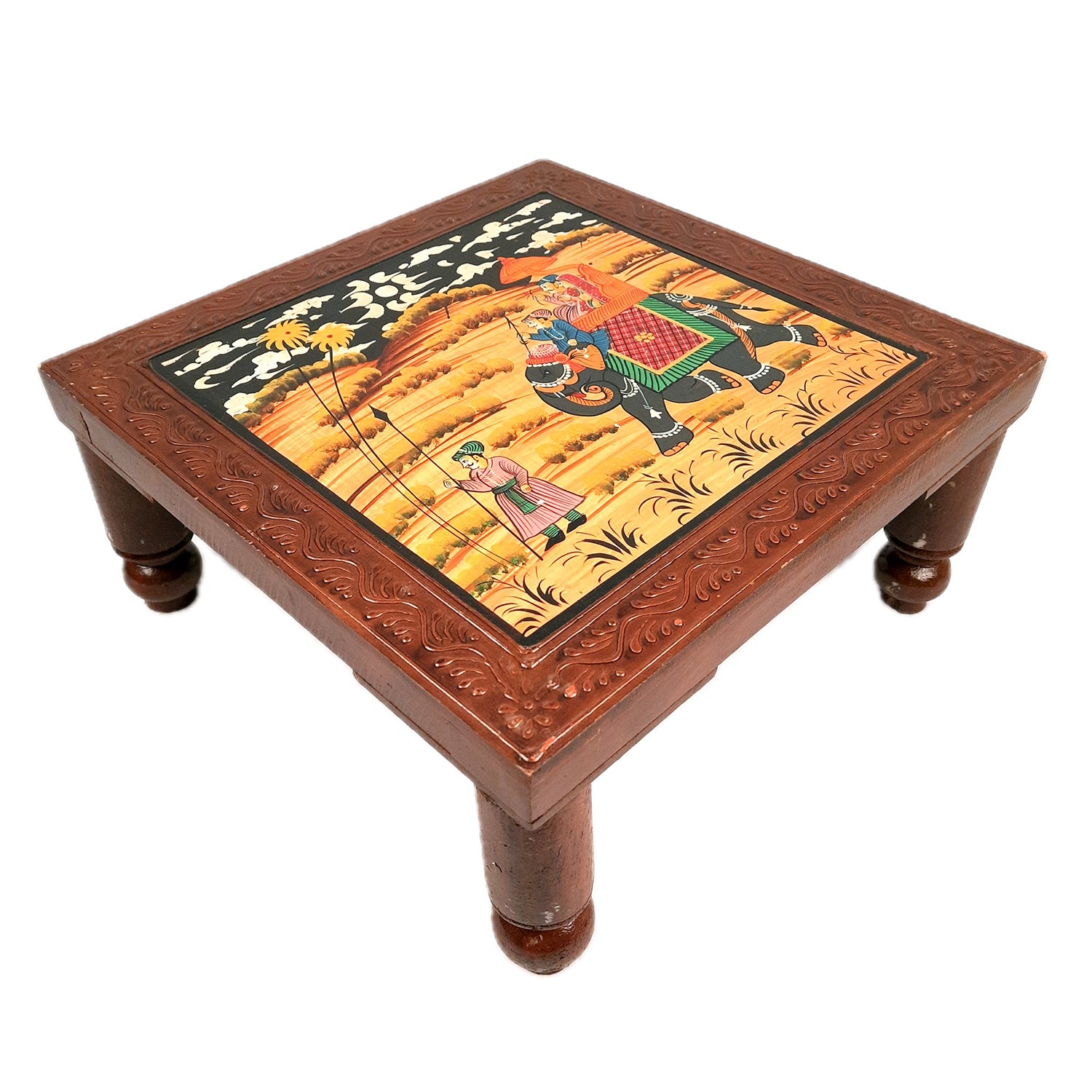 Wooden Chowki | Decorative Hand Painted Bajot / Patla - For Home, Living Room, Sitting, Sofa Corners Decor & Gifts - Apkamart