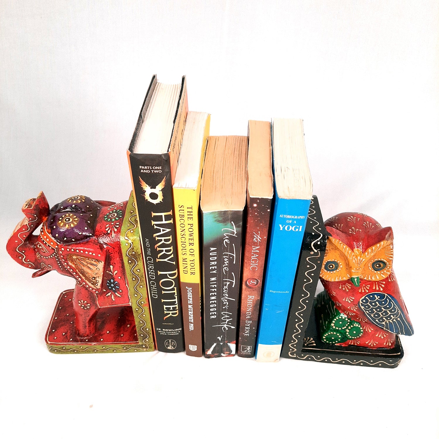 Wooden Book Ends - Elephant & Owl Design | Quirky Book Organizer | Book Racks Shelf - For Home, Table, Shelves, Kids Room, Study, Office Decor & Gifts - Apkamart