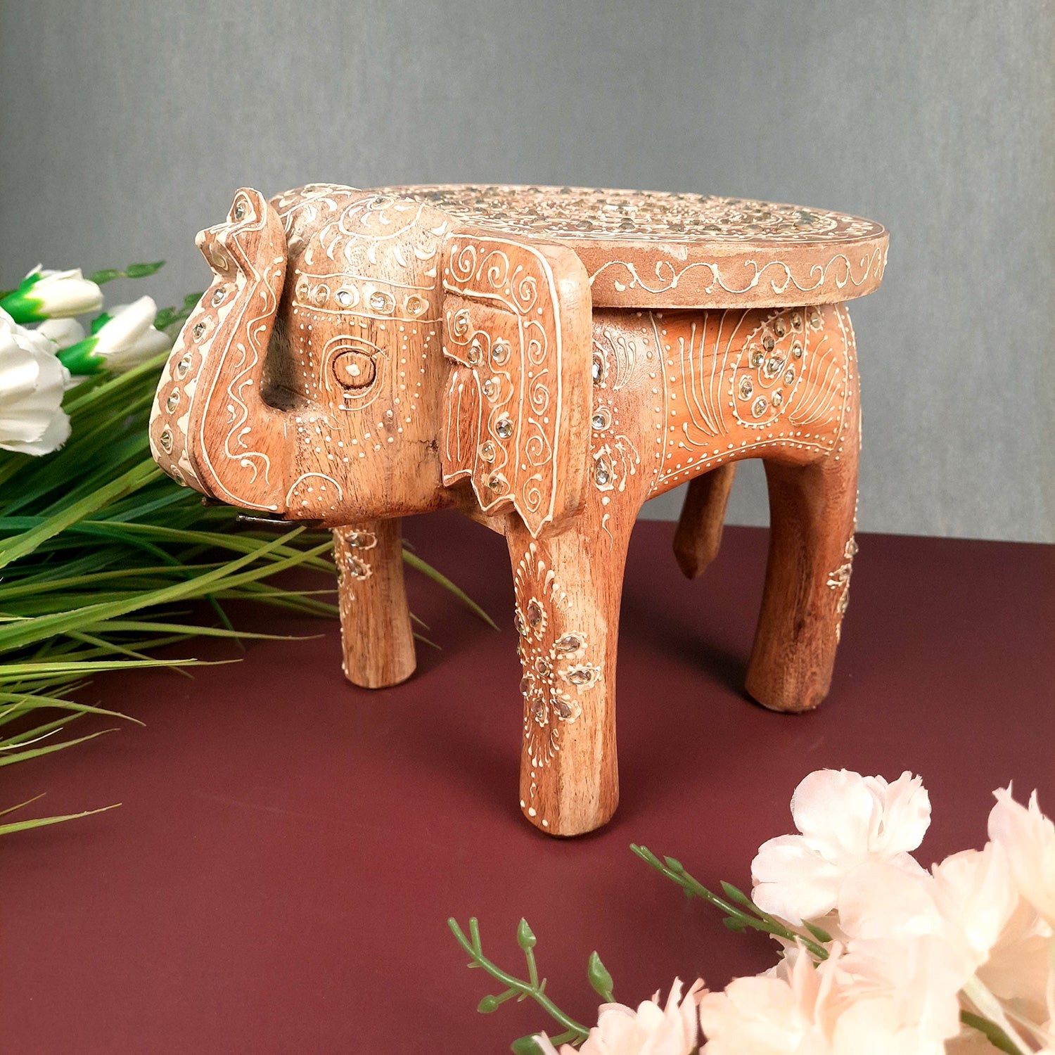 Showpiece Elephant Small Stool - for Home, Bedroom, Living Room, Corners Decor | Gifts For Wedding, Housewarming & Festivals - Apkamart