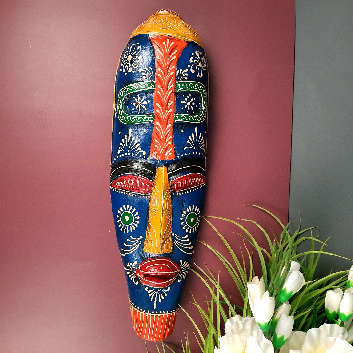 Tribal Mask Wall Hanging - for Home | Office | Cafes & Home Interior Decor - 18 inch - Apkamart #Color_Blue