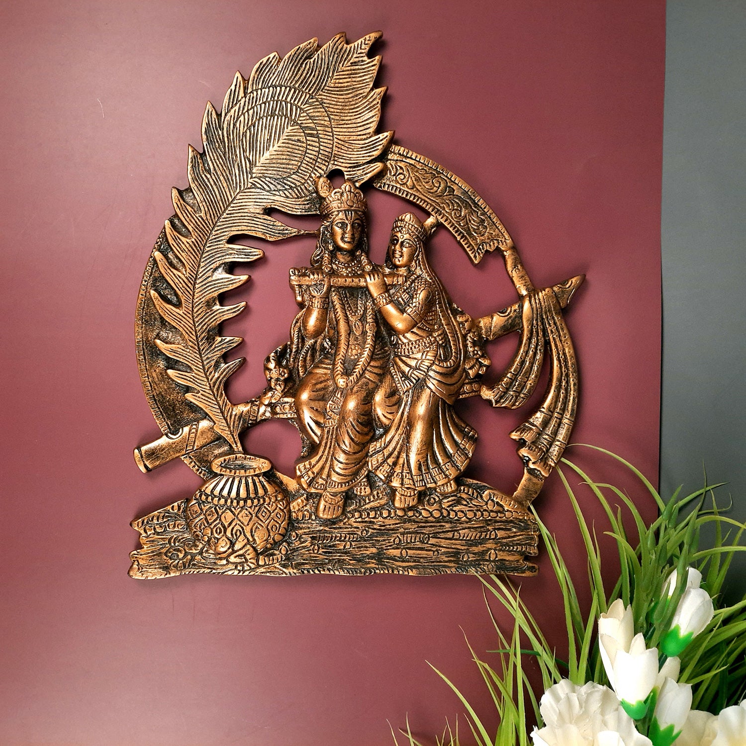 Radha Krishna Idol Wall Hanging Art | Radhe Krishna Wall Statue Murti | Wedding Gift for Couples | Religious Gift - for Home, Living Room, Office, Puja , Entrance Decoration - Apkamart