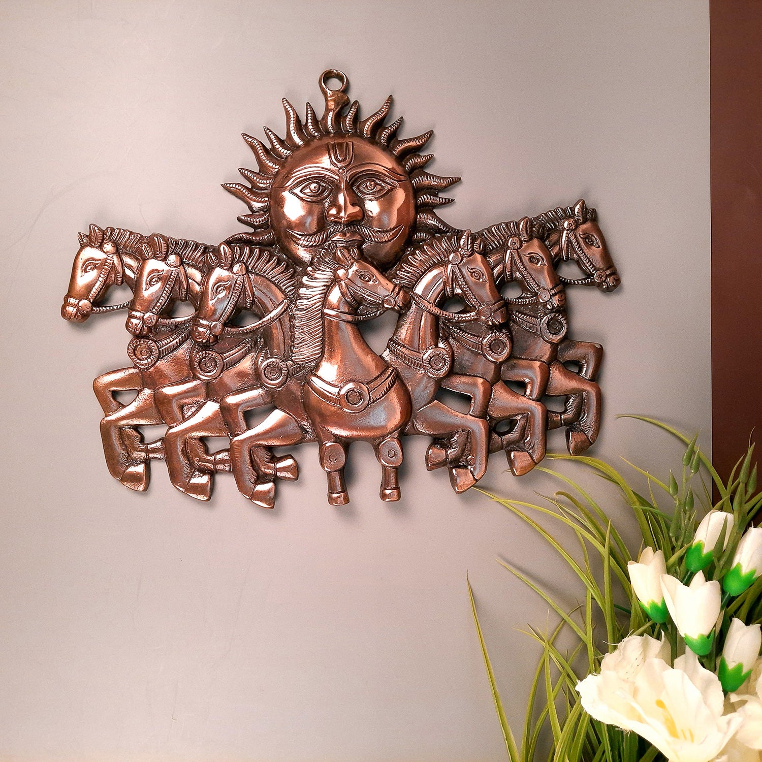 Sun with 7 Running Horses Wall Hanging | Surya Bahgwan With Seven Horse Metal Wall Art - For Vastu, Home, Living Room, Bedroom, Hall, Entrance Decor - 14 Inch - apkamart