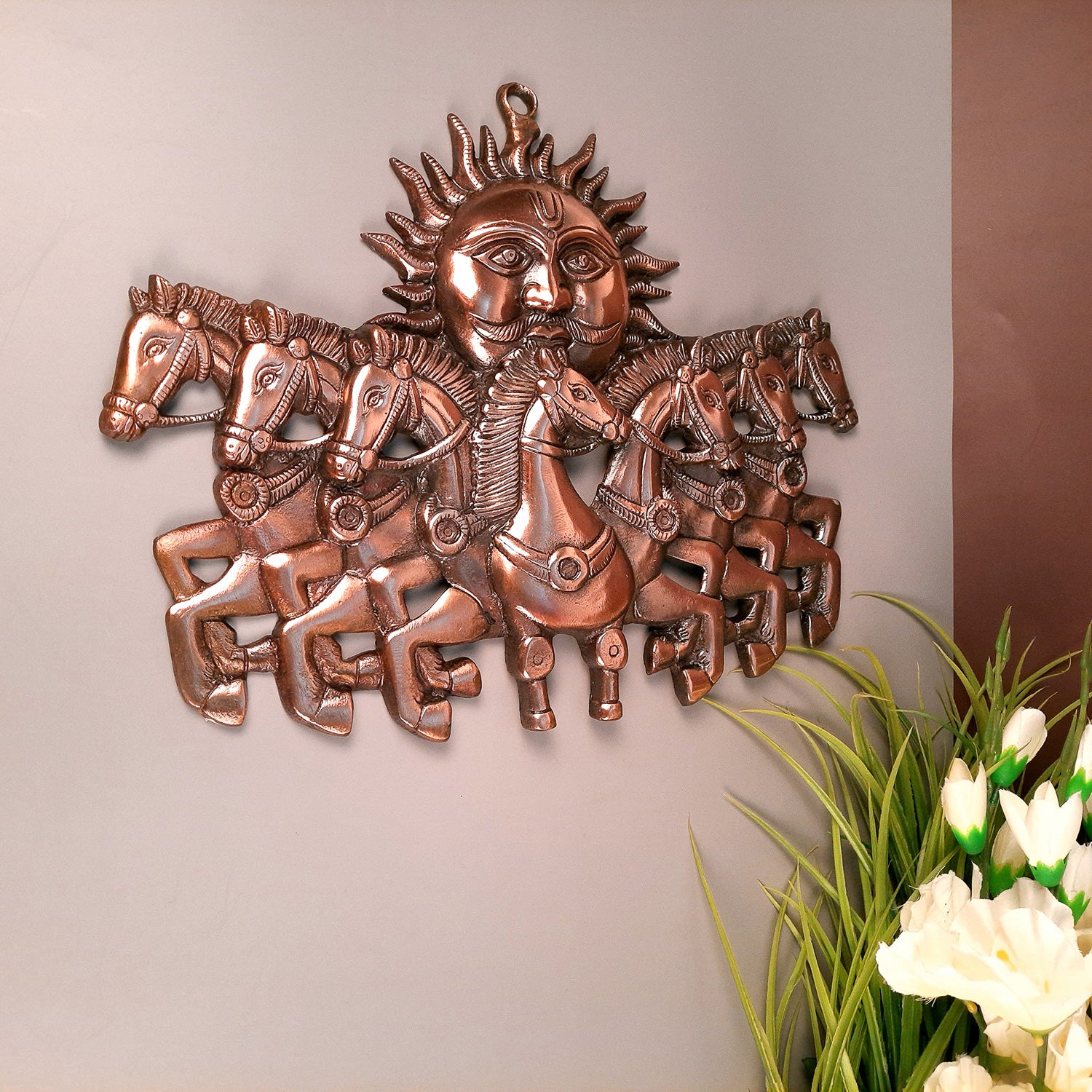 Sun with 7 Running Horses Wall Hanging | Surya Bahgwan With Seven Horse Metal Wall Art - For Vastu, Home, Living Room, Bedroom, Hall, Entrance Decor - 14 Inch - apkamart