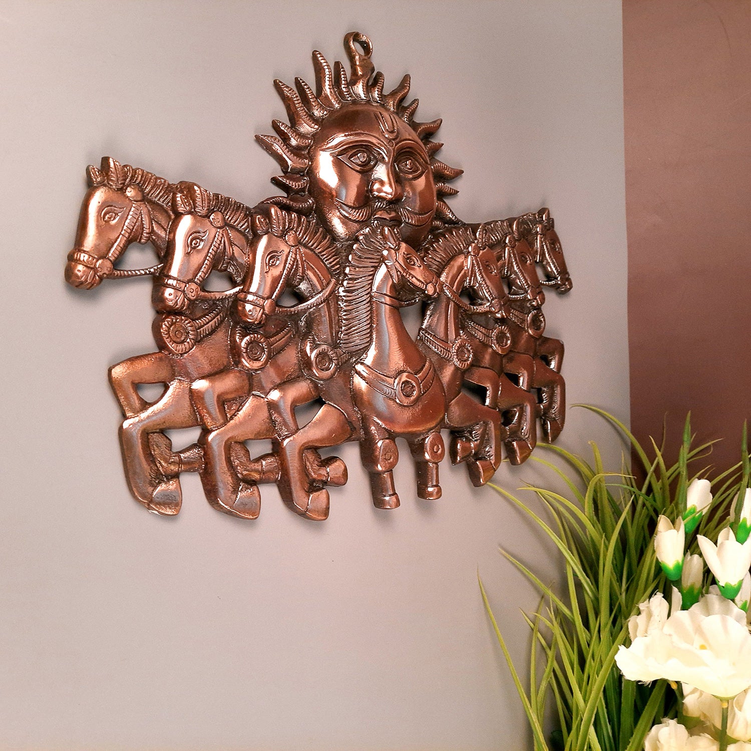 Sun with 7 Running Horses Wall Hanging | Surya Bahgwan With Seven Horse Metal Wall Art - For Vastu, Home, Living Room, Bedroom, Hall, Entrance Decor - 14 Inch - apkamart