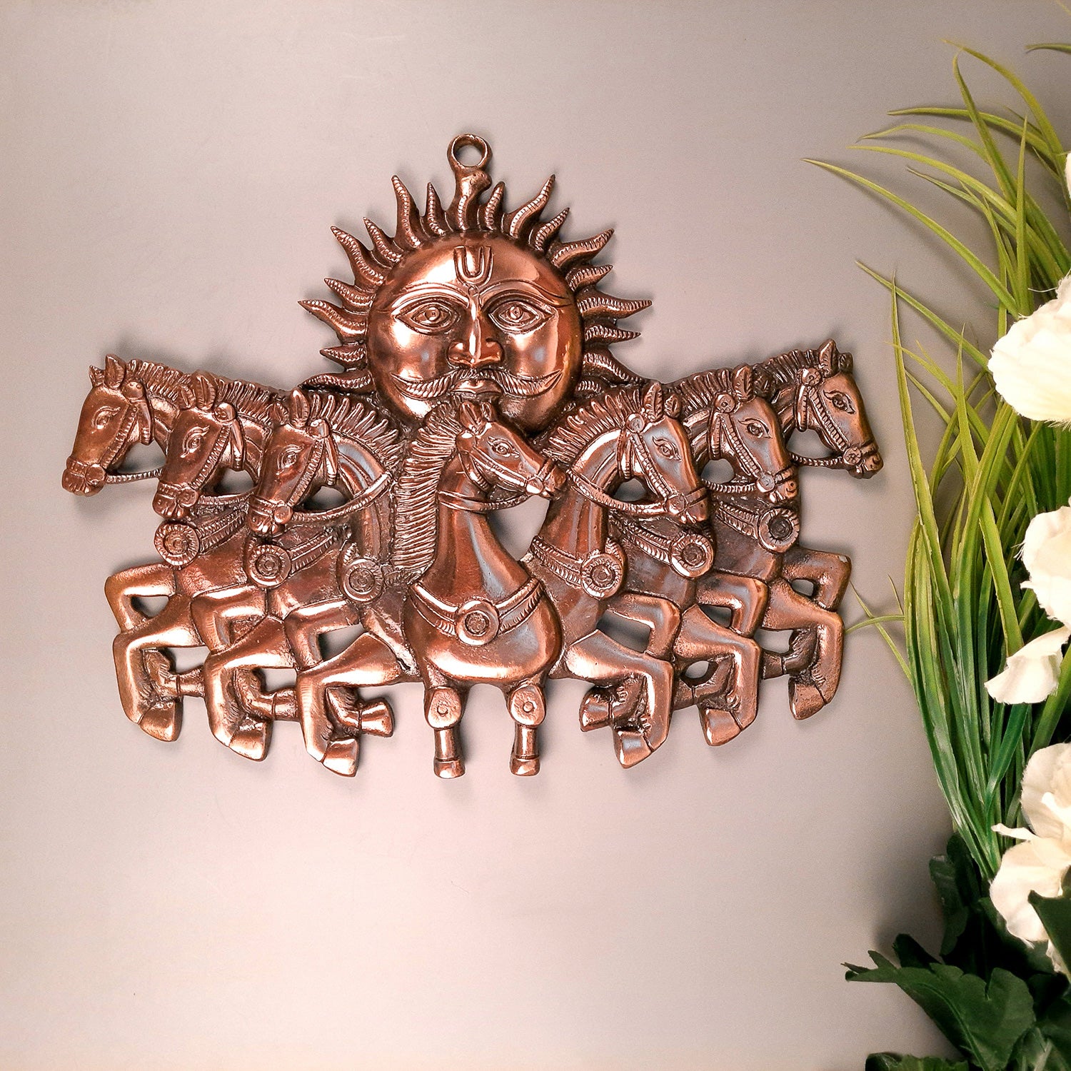 Sun with 7 Running Horses Wall Hanging | Surya Bahgwan With Seven Horse Metal Wall Art - For Vastu, Home, Living Room, Bedroom, Hall, Entrance Decor - 14 Inch - apkamart