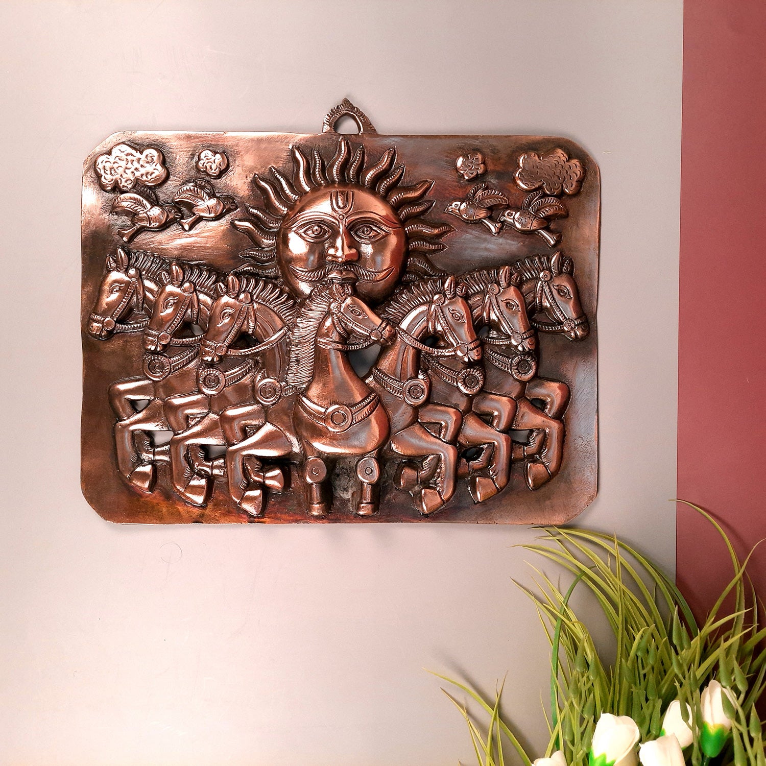 Sun God with 7 Running Horses Wall Decor | Surya Dev With Seven Horse Metal Wall Hanging - For Vastu, Home, Living Room, Bedroom, Hall, Entrance Decor - 15 Inch - Apkamart