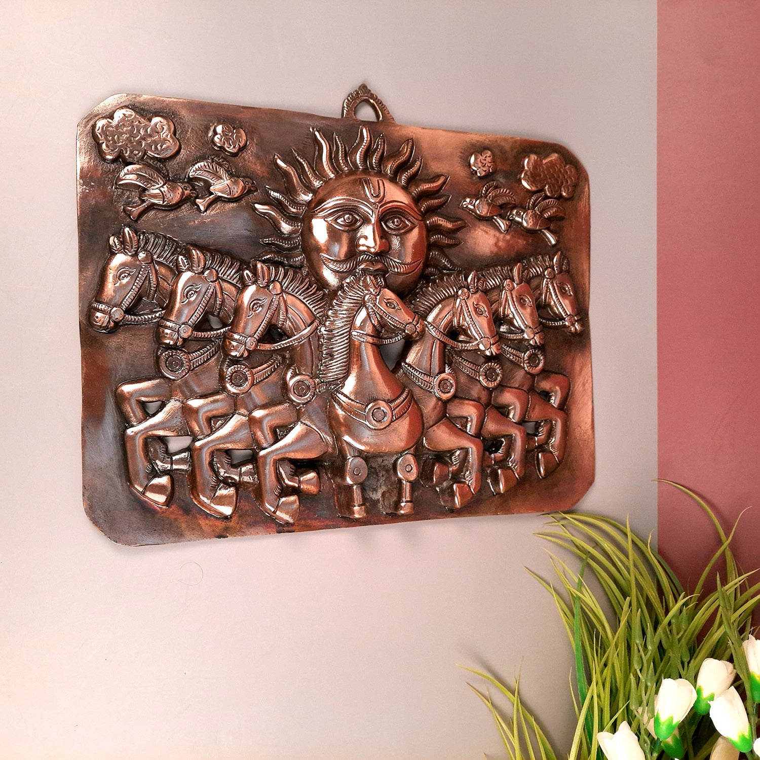 Sun God with 7 Running Horses Wall Decor | Surya Dev With Seven Horse Metal Wall Hanging - For Vastu, Home, Living Room, Bedroom, Hall, Entrance Decor - 15 Inch - Apkamart
