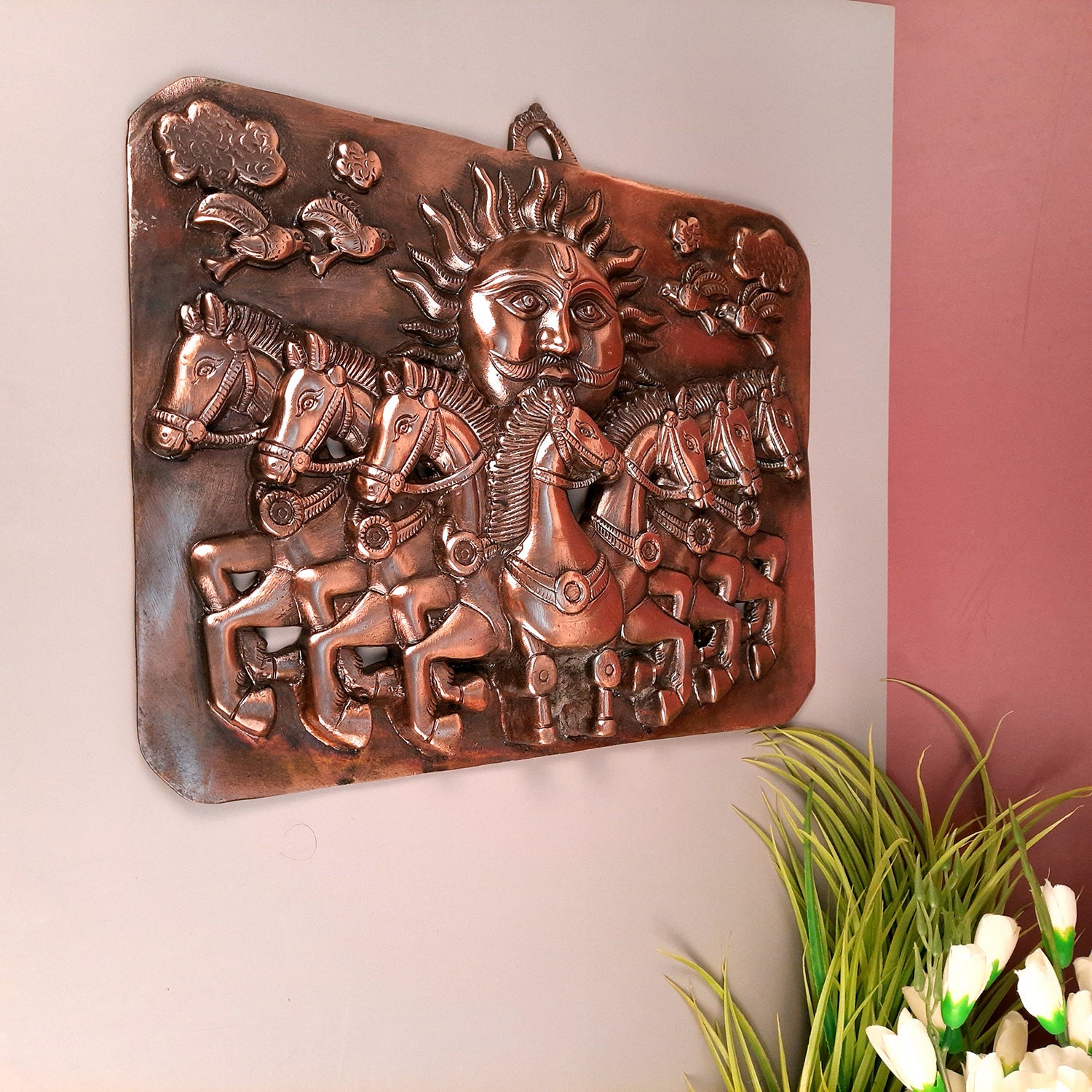 Sun God with 7 Running Horses Wall Decor | Surya Dev With Seven Horse Metal Wall Hanging - For Vastu, Home, Living Room, Bedroom, Hall, Entrance Decor - 15 Inch - Apkamart