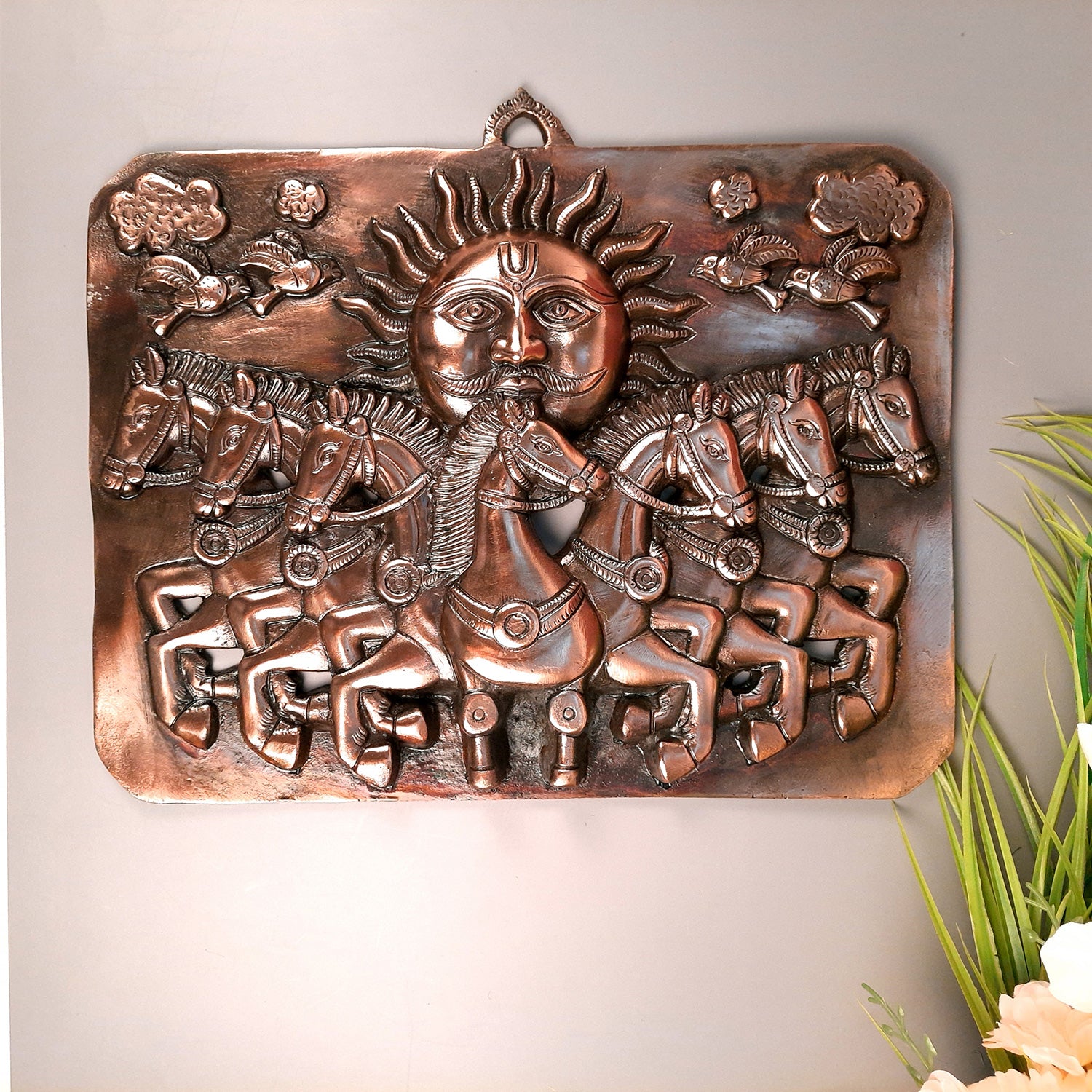 Sun God with 7 Running Horses Wall Decor | Surya Dev With Seven Horse Metal Wall Hanging - For Vastu, Home, Living Room, Bedroom, Hall, Entrance Decor - 15 Inch - Apkamart