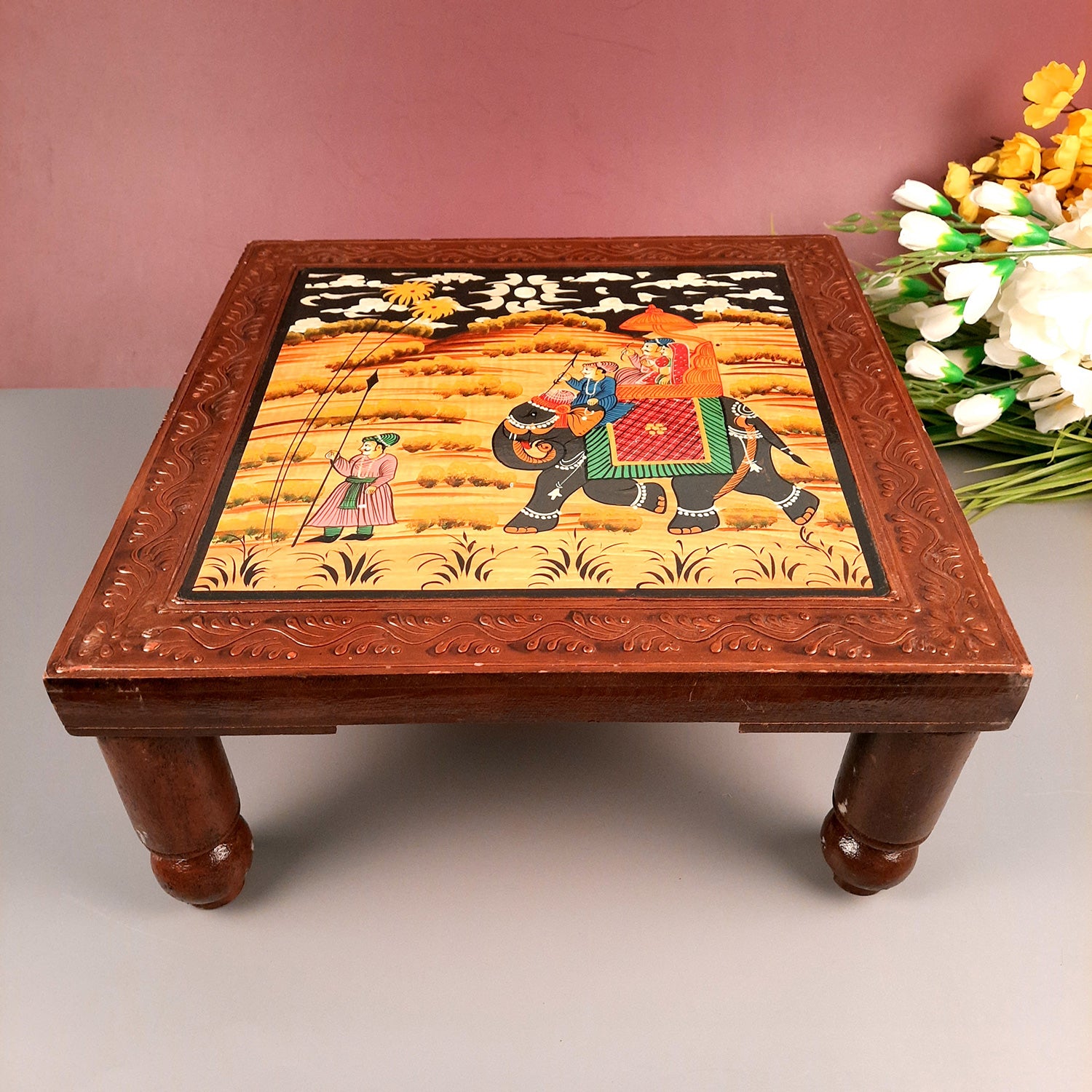 Wooden Chowki | Decorative Hand Painted Bajot / Patla - For Home, Living Room, Sitting, Sofa Corners Decor & Gifts - Apkamart