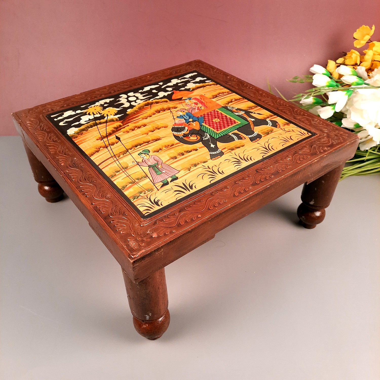 Wooden Chowki | Decorative Hand Painted Bajot / Patla - For Home, Living Room, Sitting, Sofa Corners Decor & Gifts - Apkamart