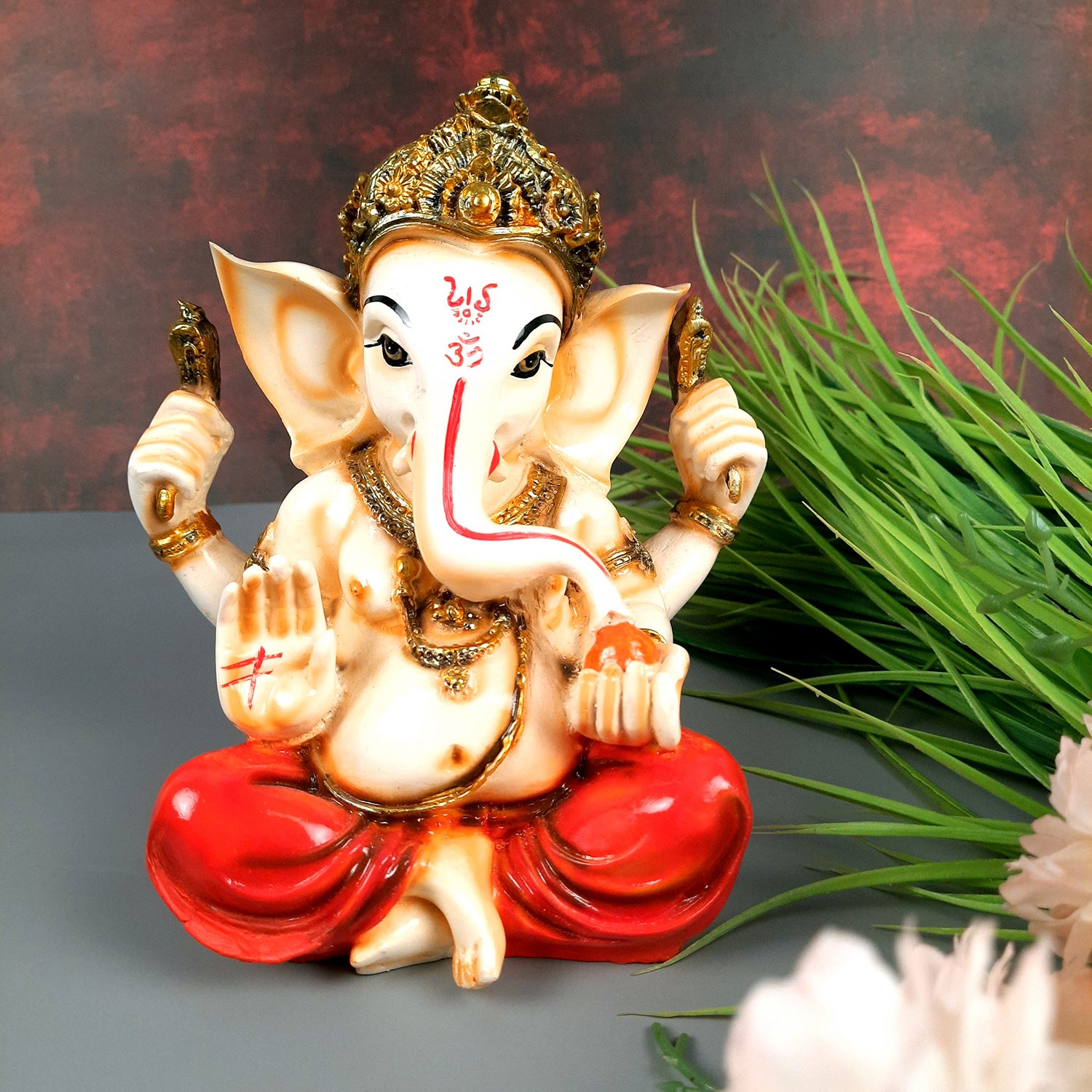 Ganesh Idol | Lord Ganesha Statue Murti - For Puja, Home & Entrance Living Room Decor & Gift - 7 Inch - Apkamart #Colour_Red