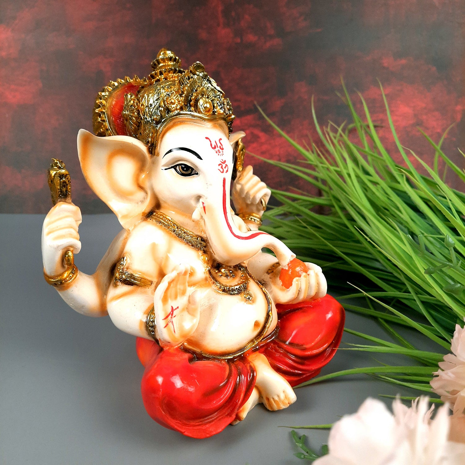 Ganesh Idol | Lord Ganesha Statue Murti - For Puja, Home & Entrance Living Room Decor & Gift - 7 Inch - Apkamart #Colour_Red