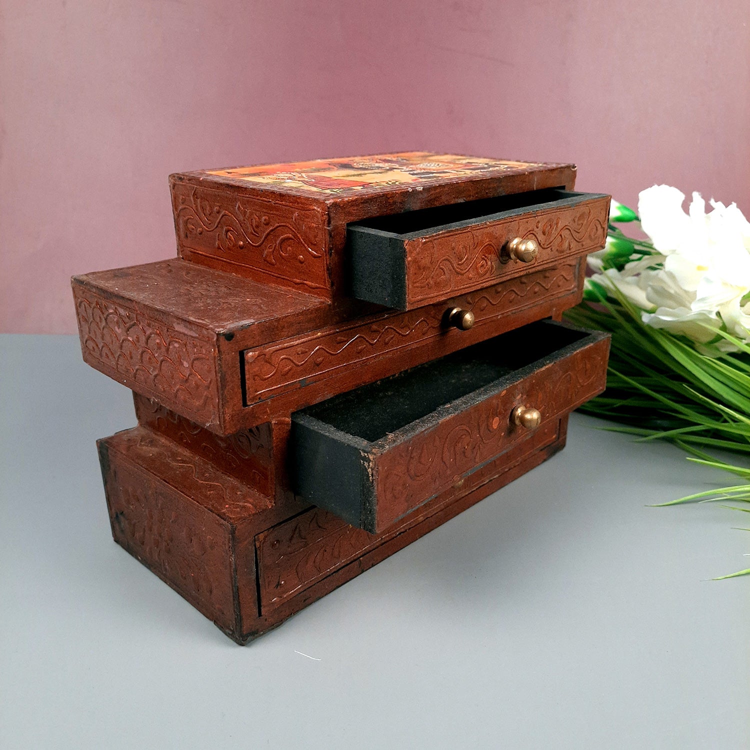 Jewellery Box | Decorative Wooden Jewelry Box - For Earring, Necklace & Gifts - 7 Inch - Apkamart