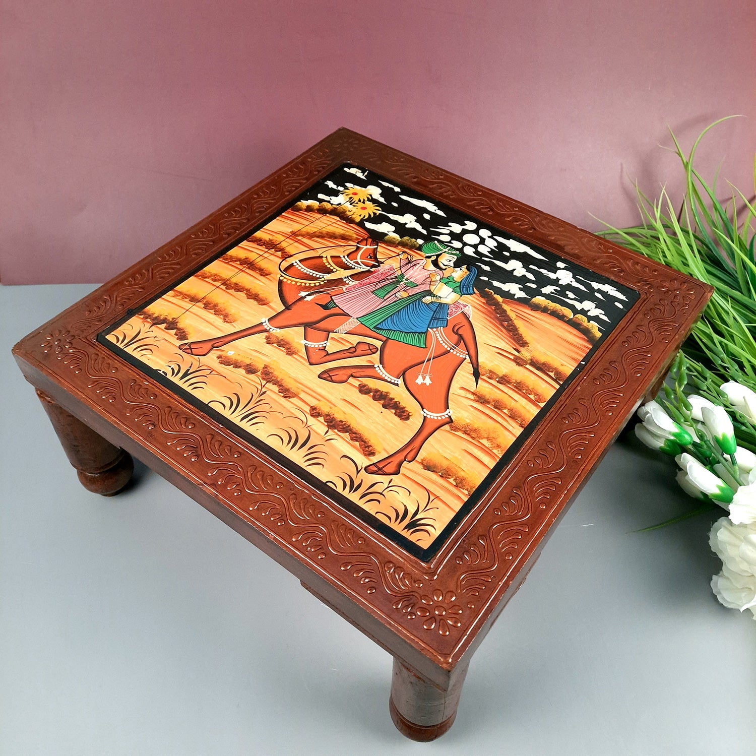 Puja Chowki Bajot| Wooden Choki For Sitting | Peeta - For Home, living Room, Corner, Mandir Decoration & Gifts - Apkamart